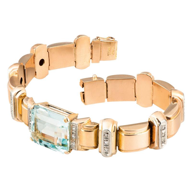 Large Aquamarine Diamond Gold Bracelet For Sale 1