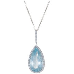 Vintage Large Aquamarine Diamond Pendant Necklace 