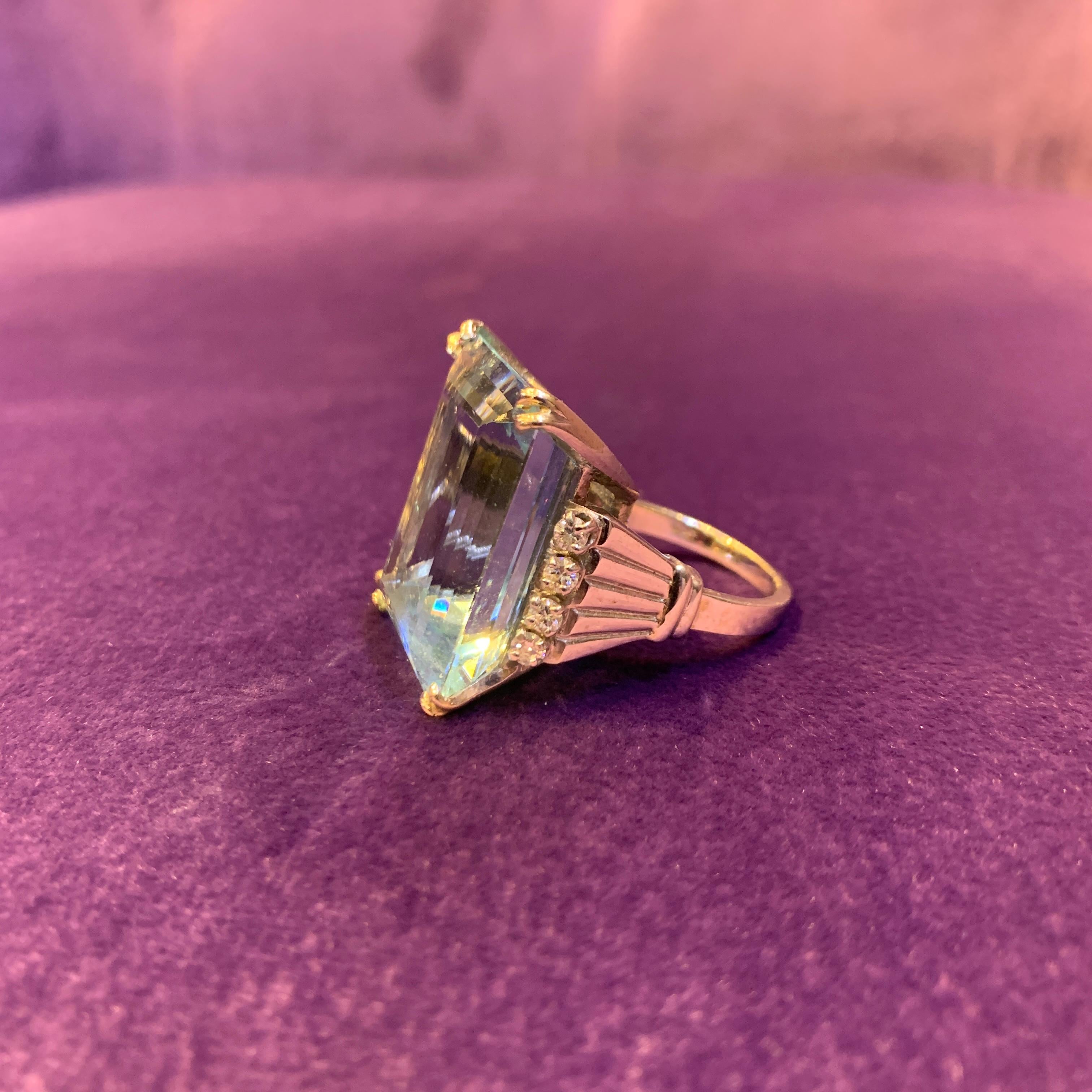 Emerald Cut Large Aquamarine & Diamond Ring  For Sale