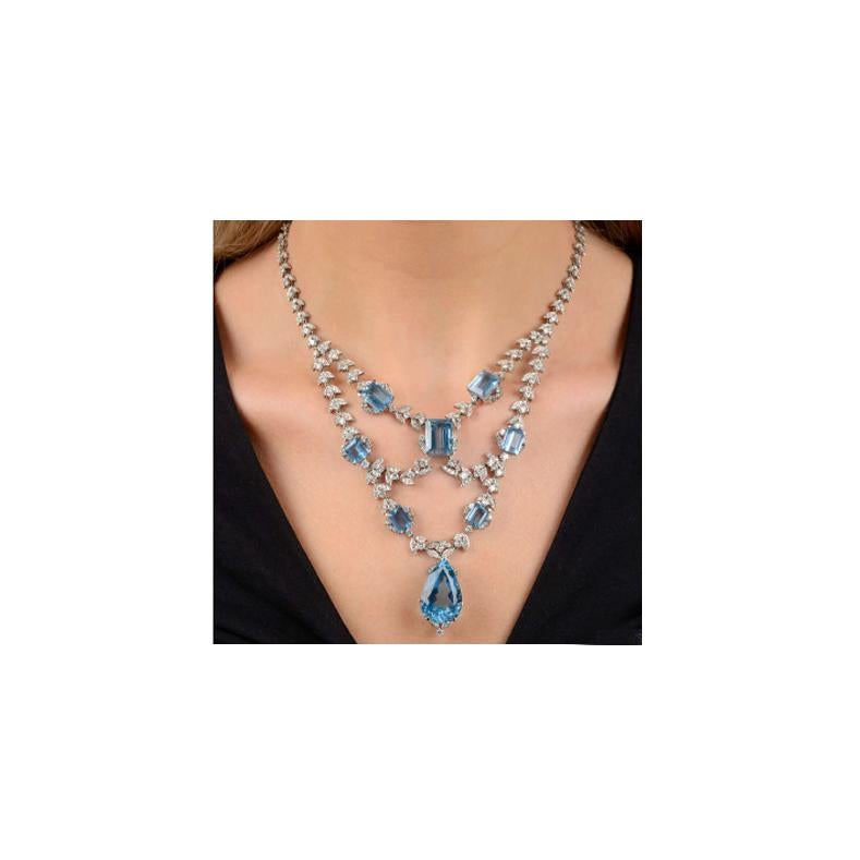 Large Aquamarine & Diamond Statement Necklace & Earrings Suite - mid 1900s. In Good Condition For Sale In London, GB