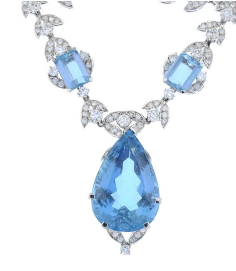 Women's Large Aquamarine & Diamond Statement Necklace & Earrings Suite - mid 1900s. For Sale