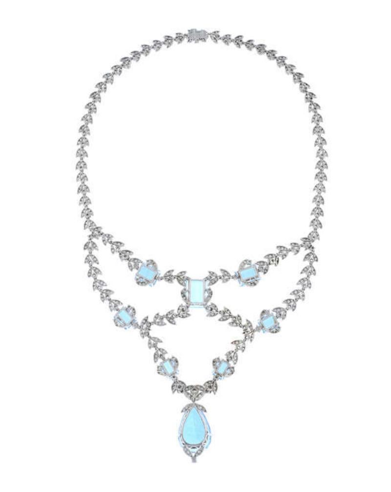Große Statement-Halskette und Ohrringe aus Aquamarin und Diamanten - Mitte der 1900er Jahre. im Angebot 2