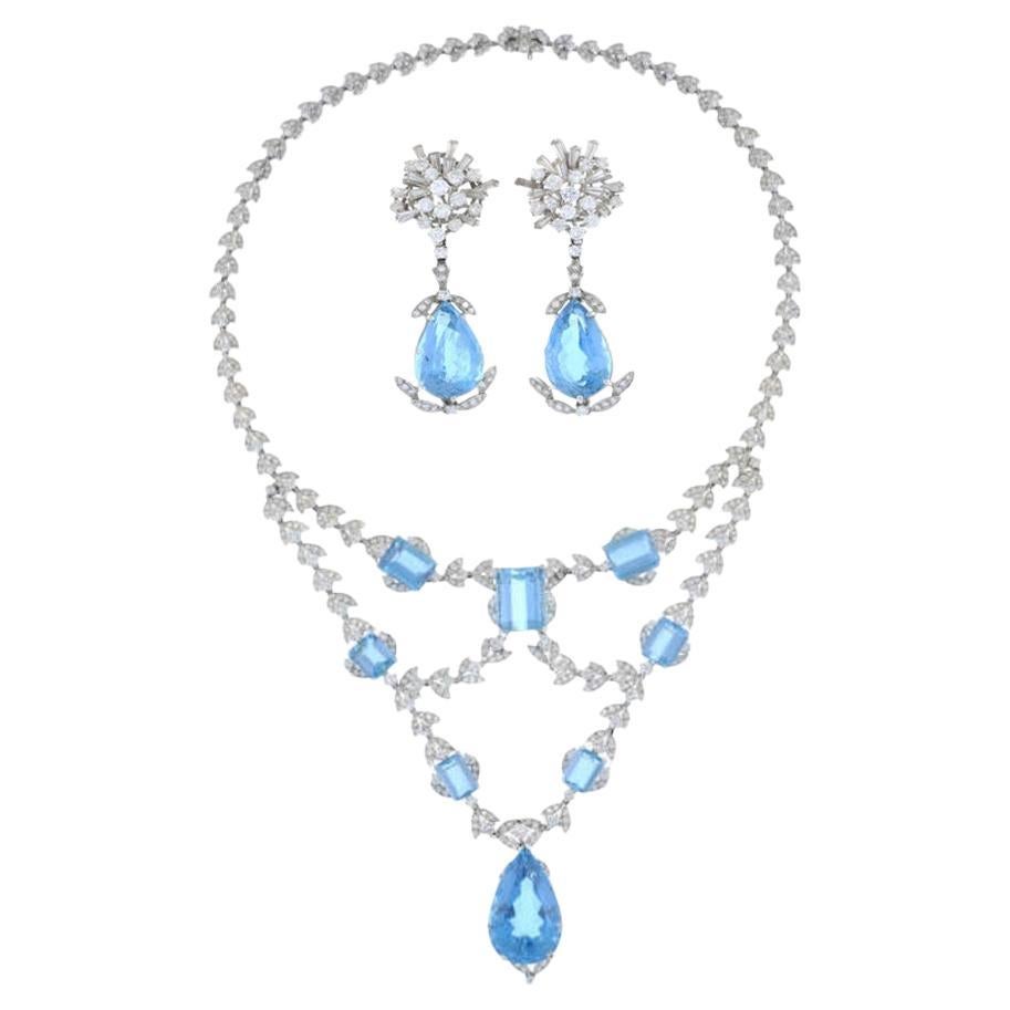 Large Aquamarine & Diamond Statement Necklace & Earrings Suite - mid 1900s. For Sale