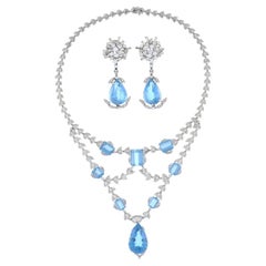 Retro Large Aquamarine & Diamond Statement Necklace & Earrings Suite - mid 1900s.