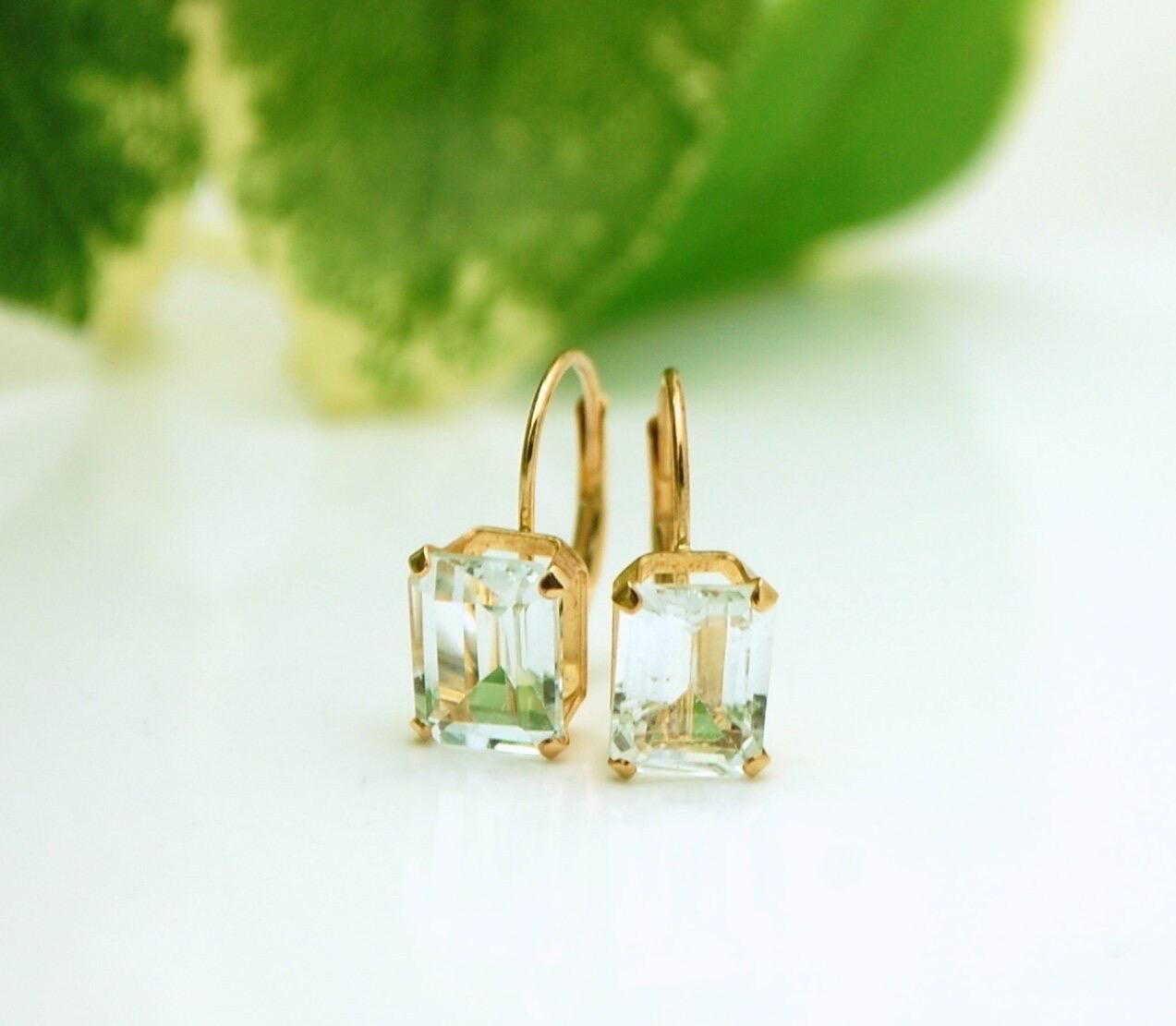 Taille émeraude Grandes boucles d'oreilles à levier aigue-marine 10 mm aigue-marine naturelle or 14 carats en vente