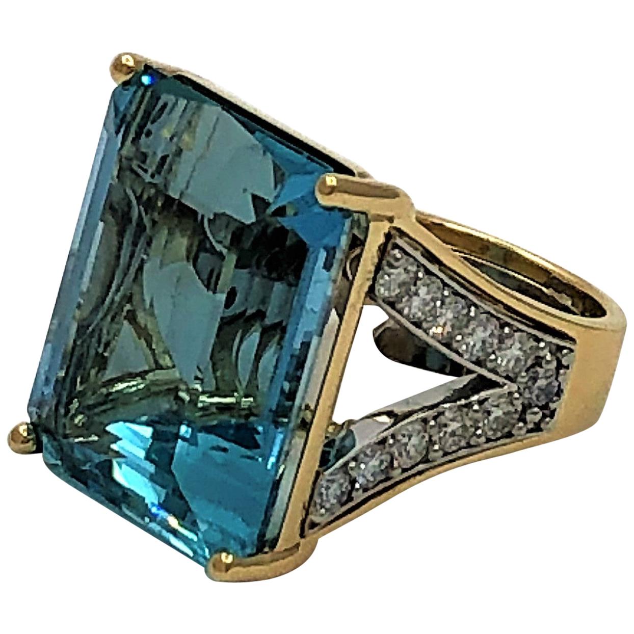 Large Aquamarine Gold and Diamond Ring