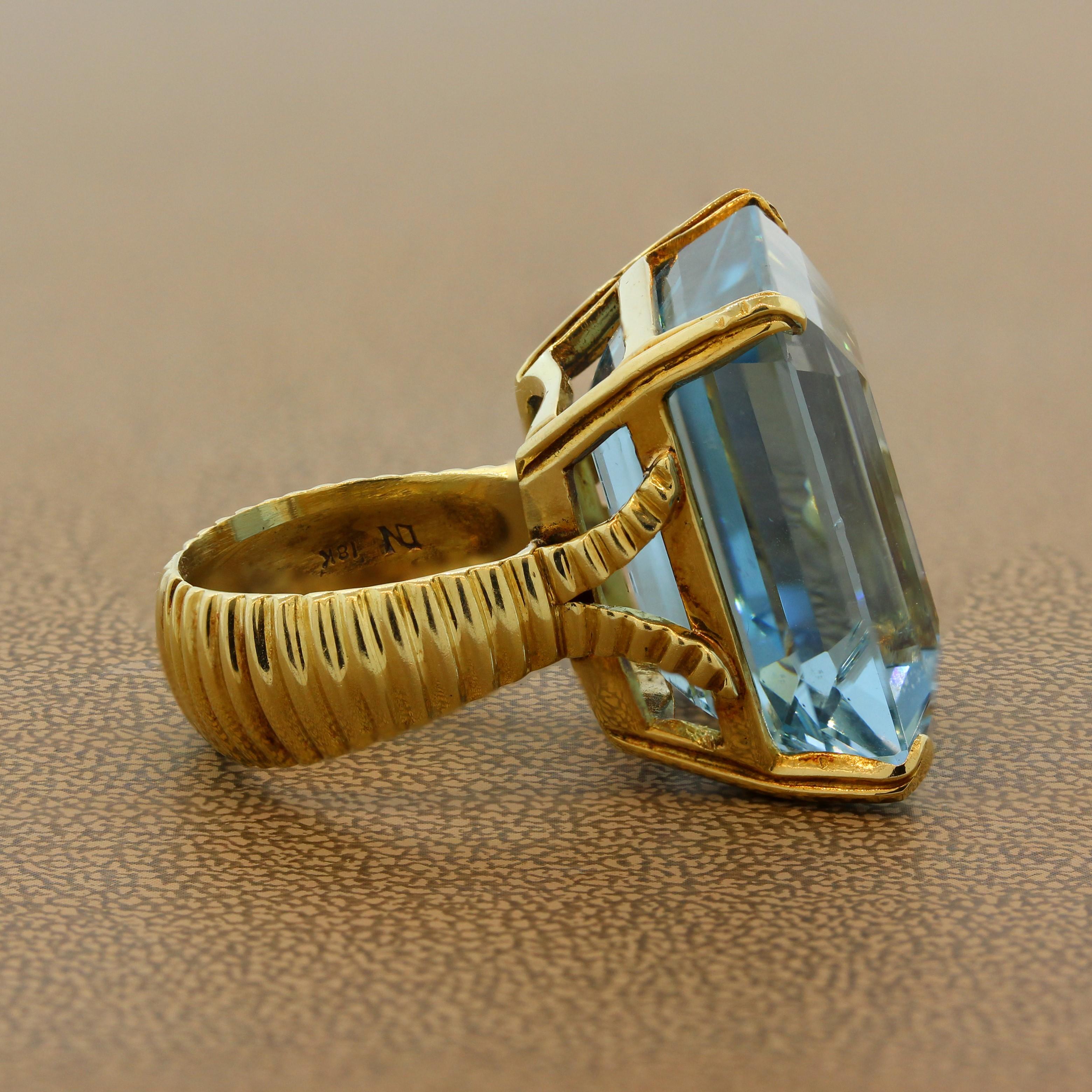 Emerald Cut Large Aquamarine Gold Cocktail Ring