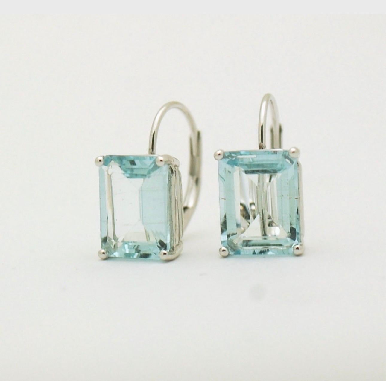 Emerald Cut Large aquamarine lever back earrings 14KT white gold For Sale