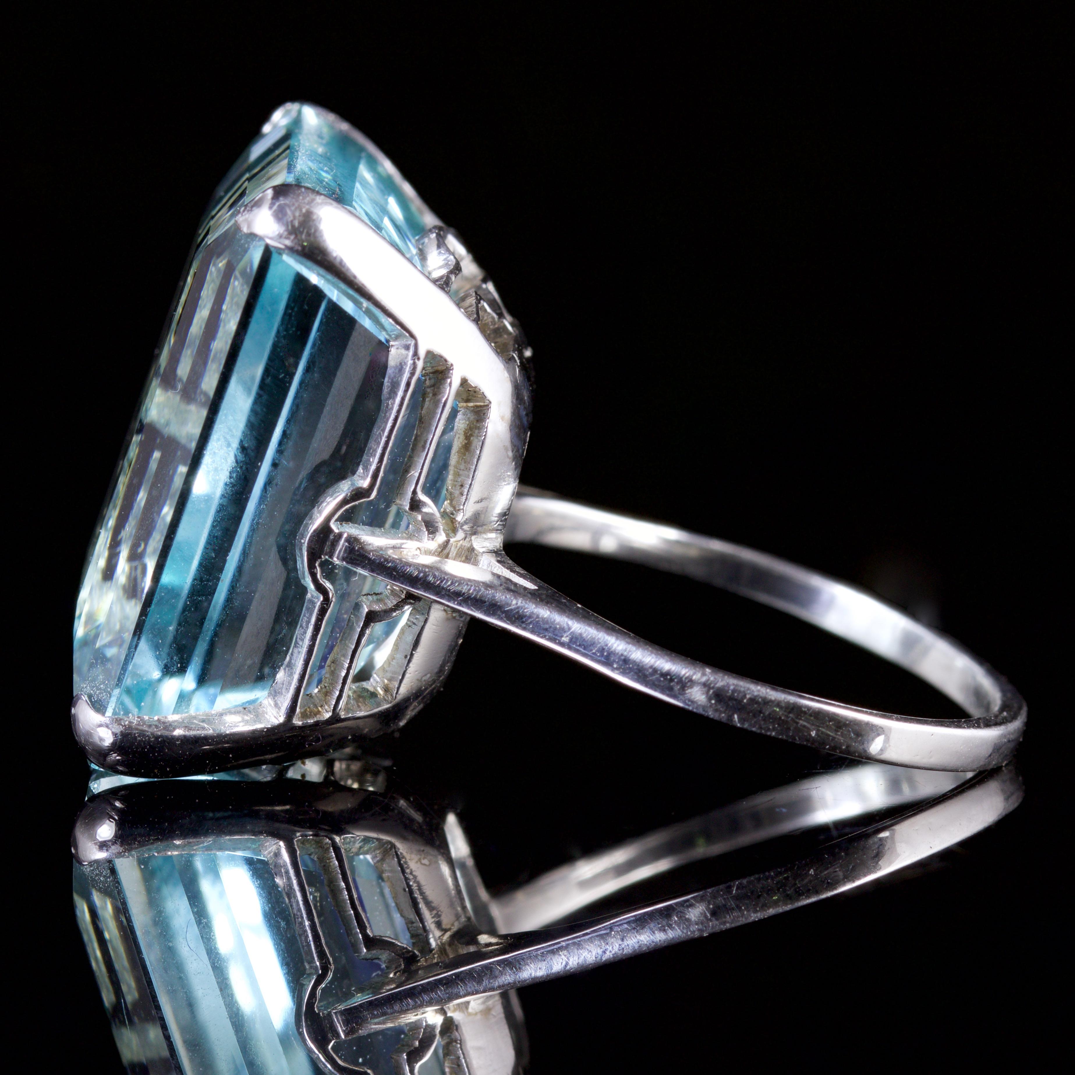 

The ring is set with a beautiful emerald cut Aquamarine which is over 35ct in size.

The Aquamarine is a rich ocean blue with a play of green 
projecting through, this is a truly fabulous.

The sky blue of the Aquamarine makes it one of the