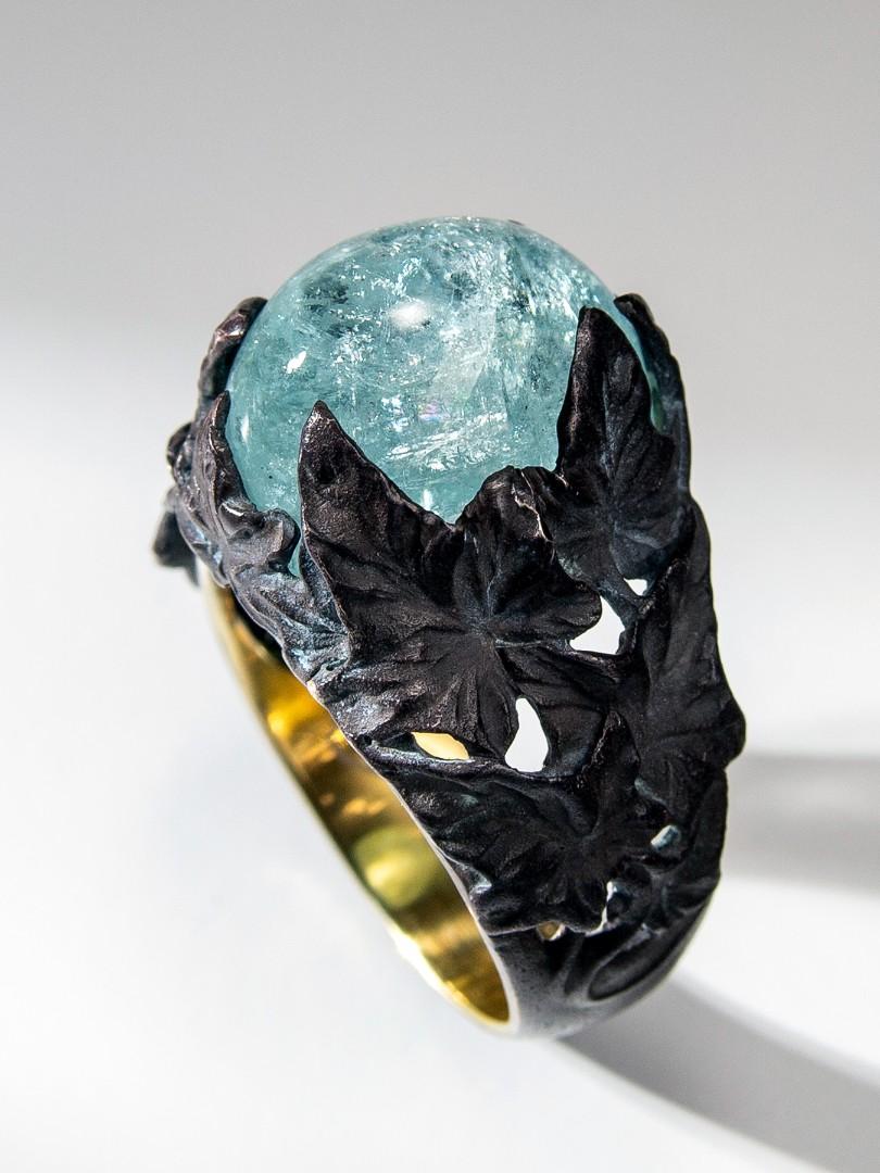 Large Aquamarine Ring Blue Beryl Cabochon Unisex For Sale 9