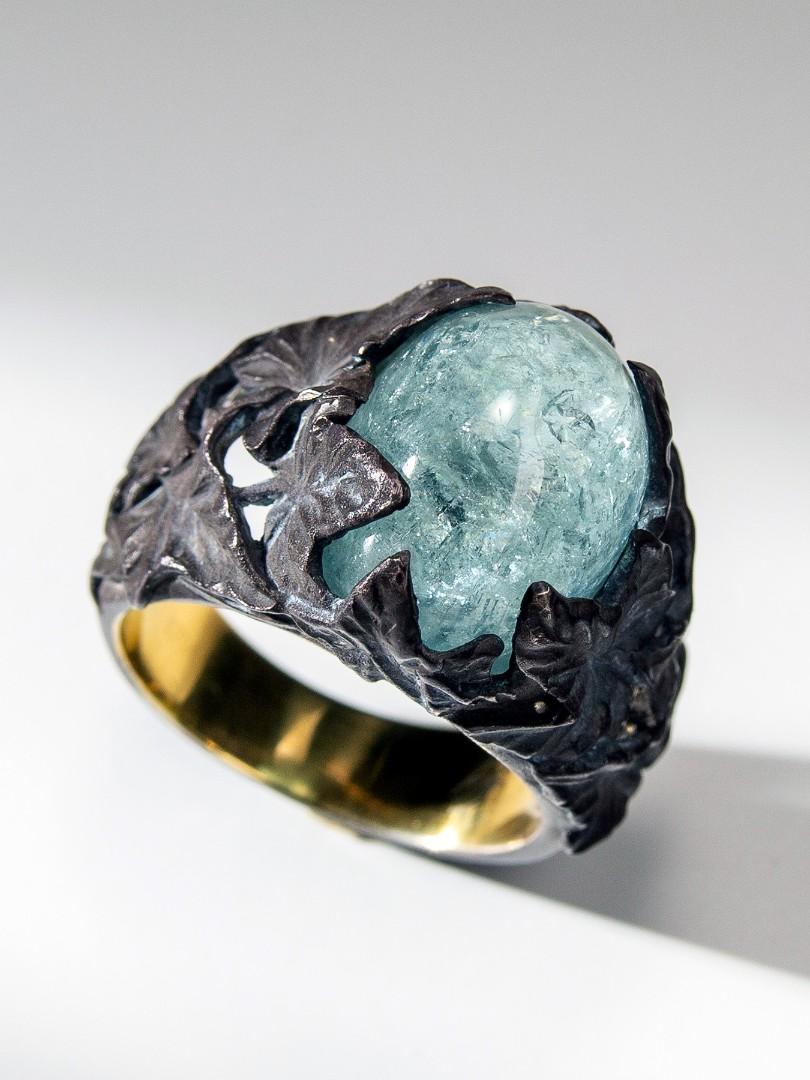Art Nouveau Large Aquamarine Ring Blue Beryl Cabochon Unisex For Sale
