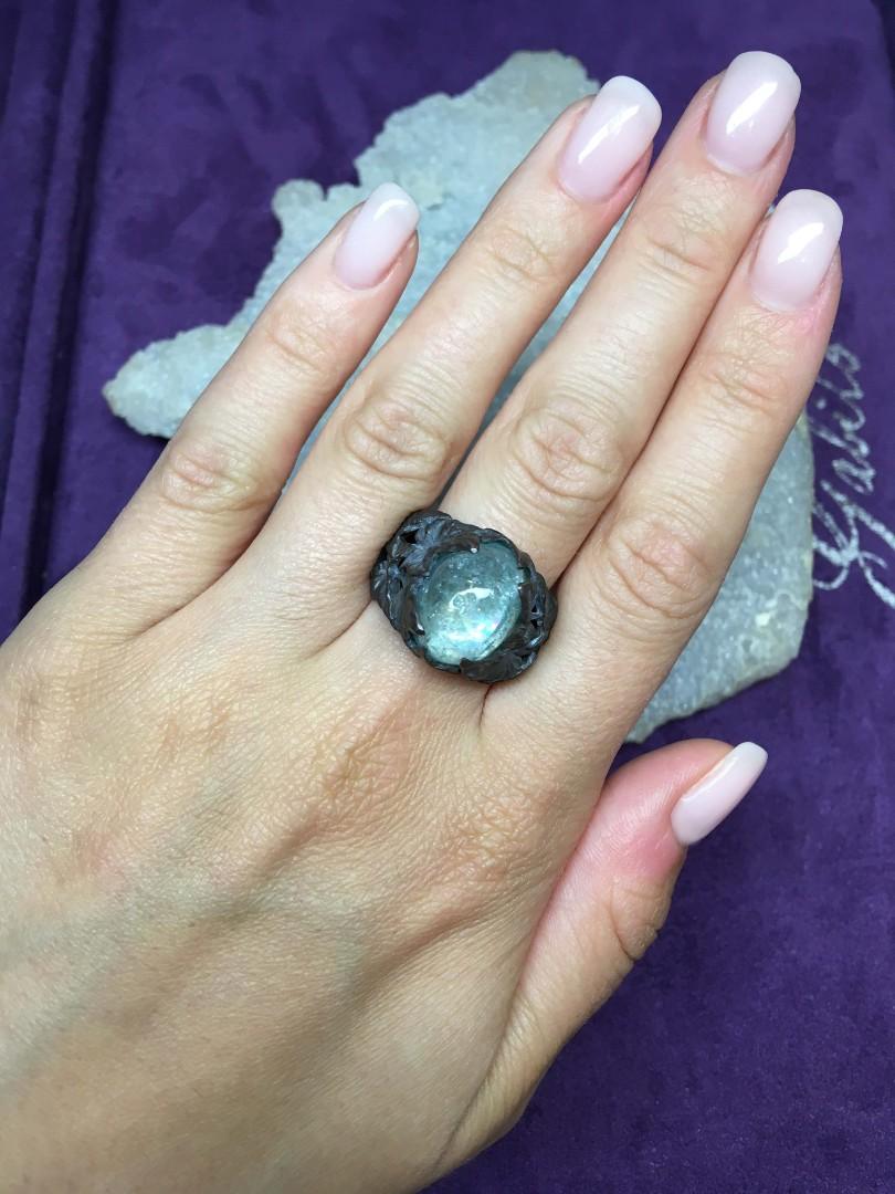 Large Aquamarine Ring Blue Beryl Cabochon Unisex In New Condition For Sale In Berlin, DE