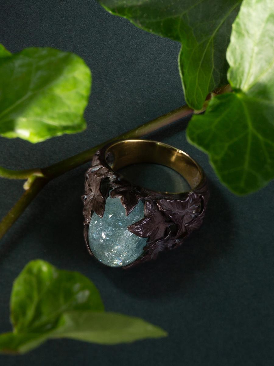 Large Aquamarine Ring Blue Beryl Cabochon Unisex For Sale 2
