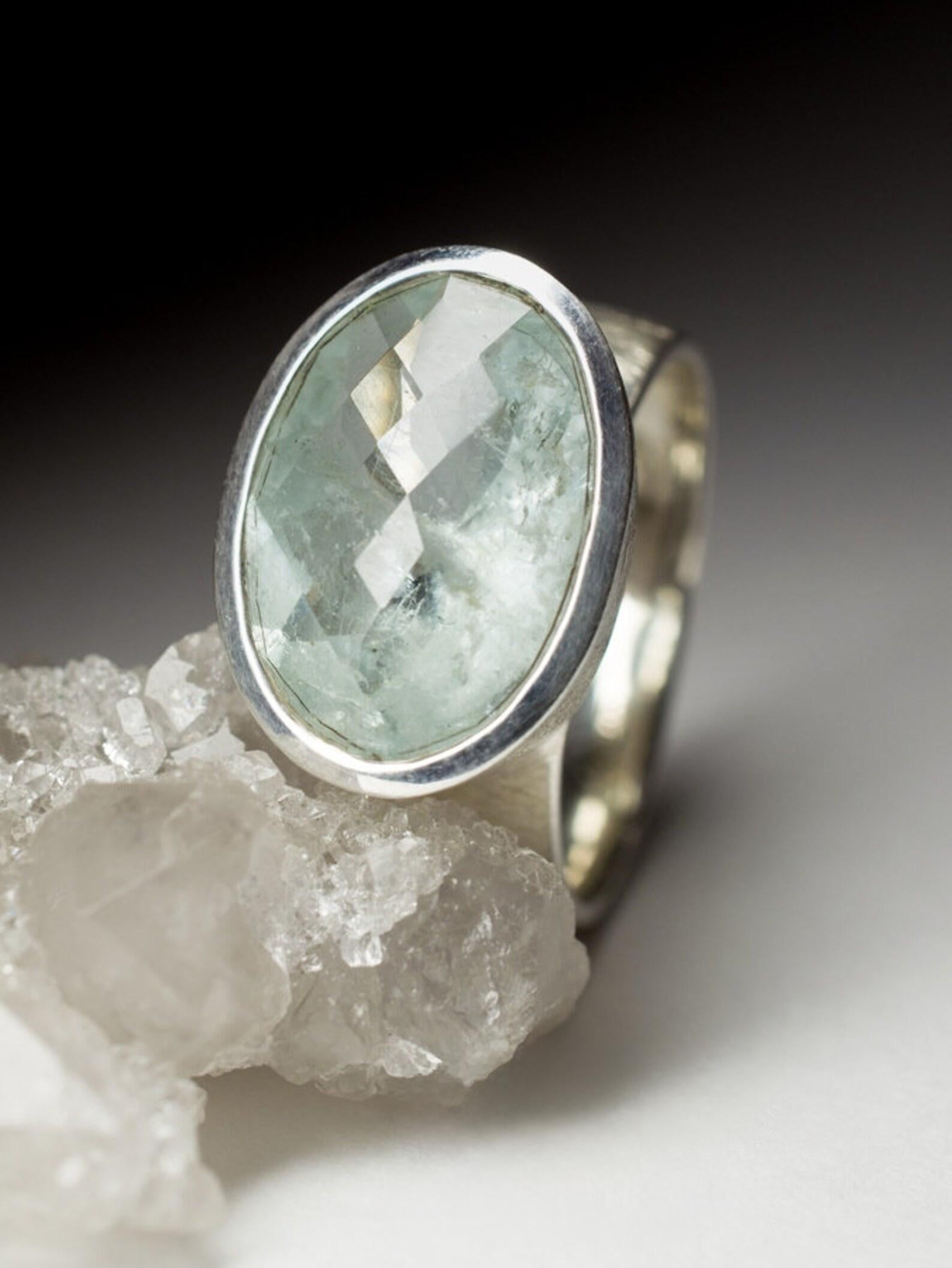 Oval Cut Large Aquamarine Silver Ring Natural Light Blue Beryl Brazilian Gemstone For Sale