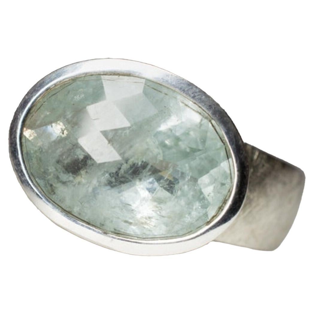 Large Aquamarine Silver Ring Natural Light Blue Beryl Brazilian Gemstone For Sale