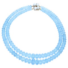 Large Aquamarine Smooth Beads with Pearl Clasp, 14 Karat