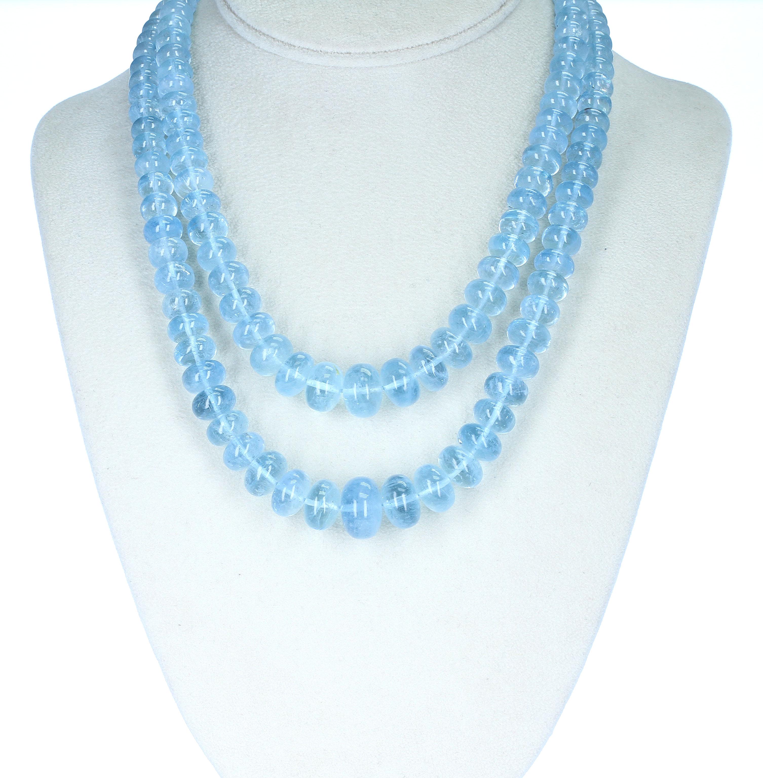 Two strands of genuine and large smooth Aquamarine Beads, one strand is 17