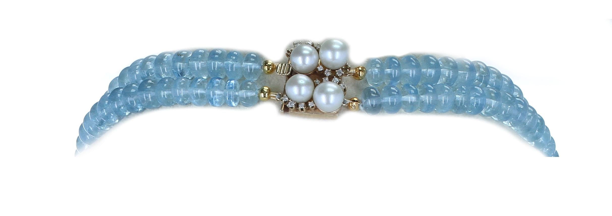 Large Aquamarine Smooth Beads with Pearl Clasp, 14 Karat For Sale 1
