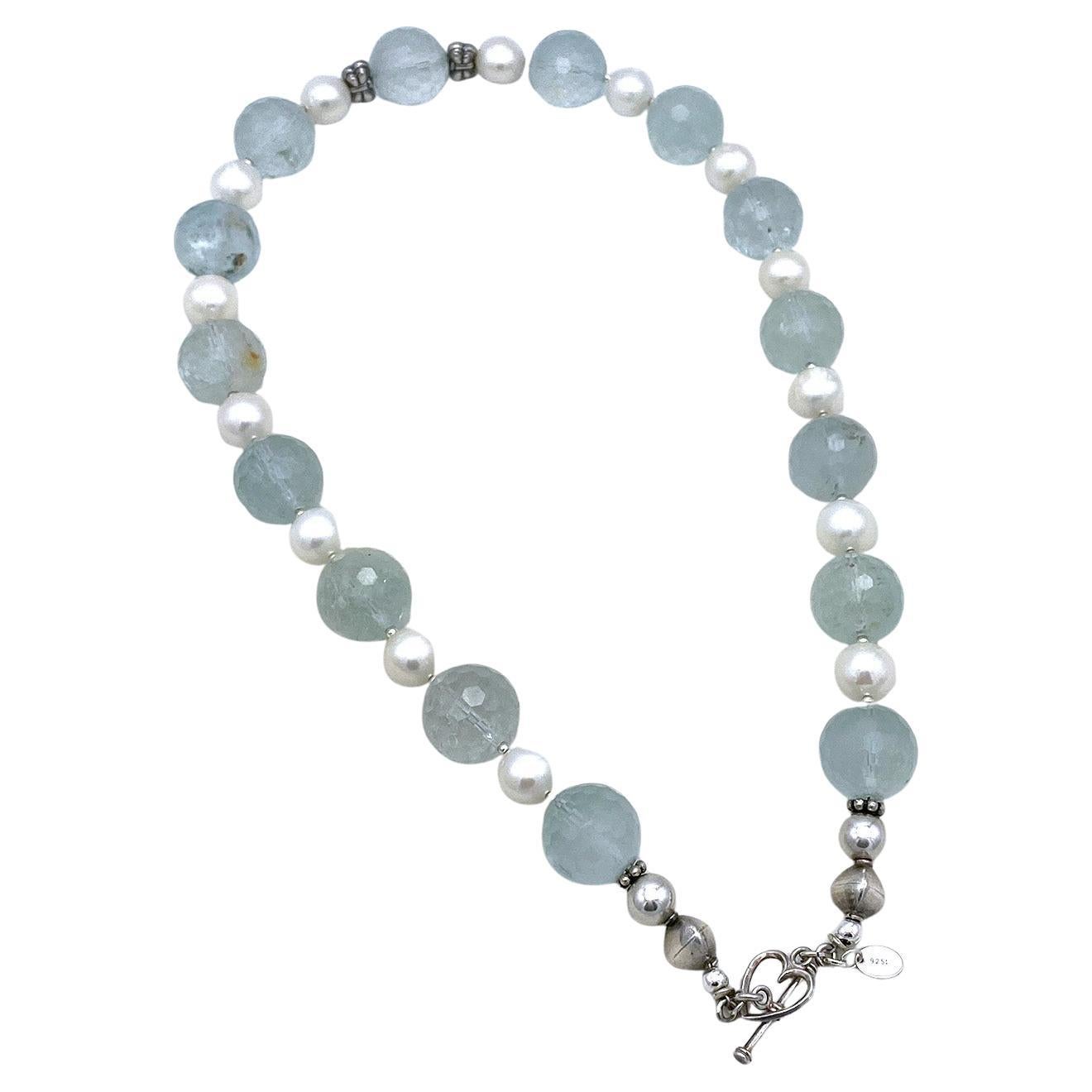 Artisan Large Aquamarine with Freshwater Pearl Necklace For Sale