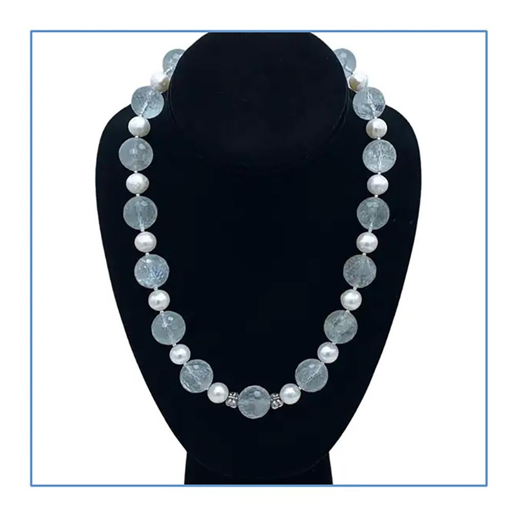 Bead Large Aquamarine with Freshwater Pearl Necklace For Sale