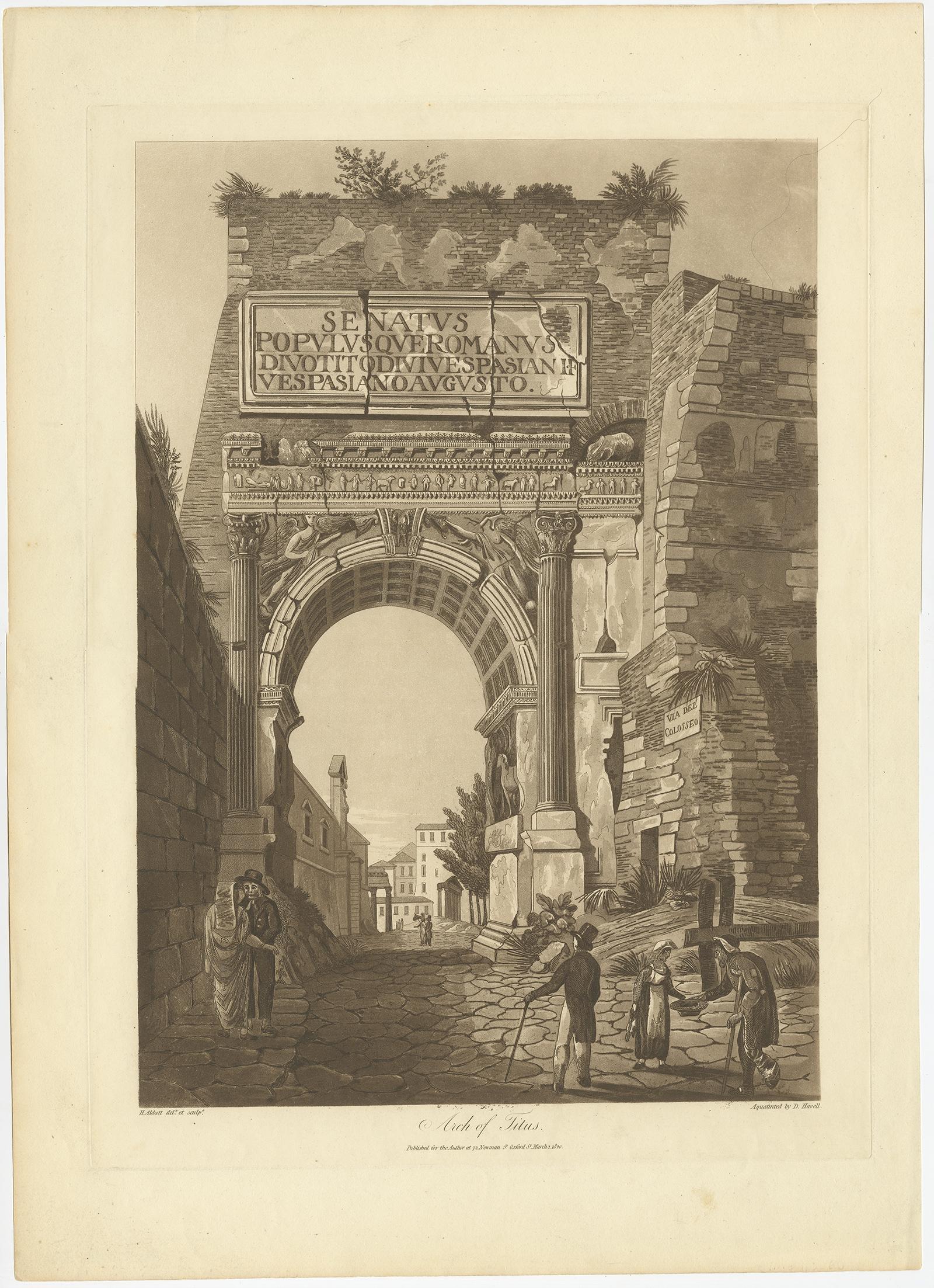 Antique print titled 'Arch of Titus'. 

Large aquatint of the Arch of Titus'. The Arch of Titus is a 1st-century AD honorific arch, located on the Via Sacra, Rome, just to the south-east of the Roman Forum. It was constructed in c. 81 AD by the