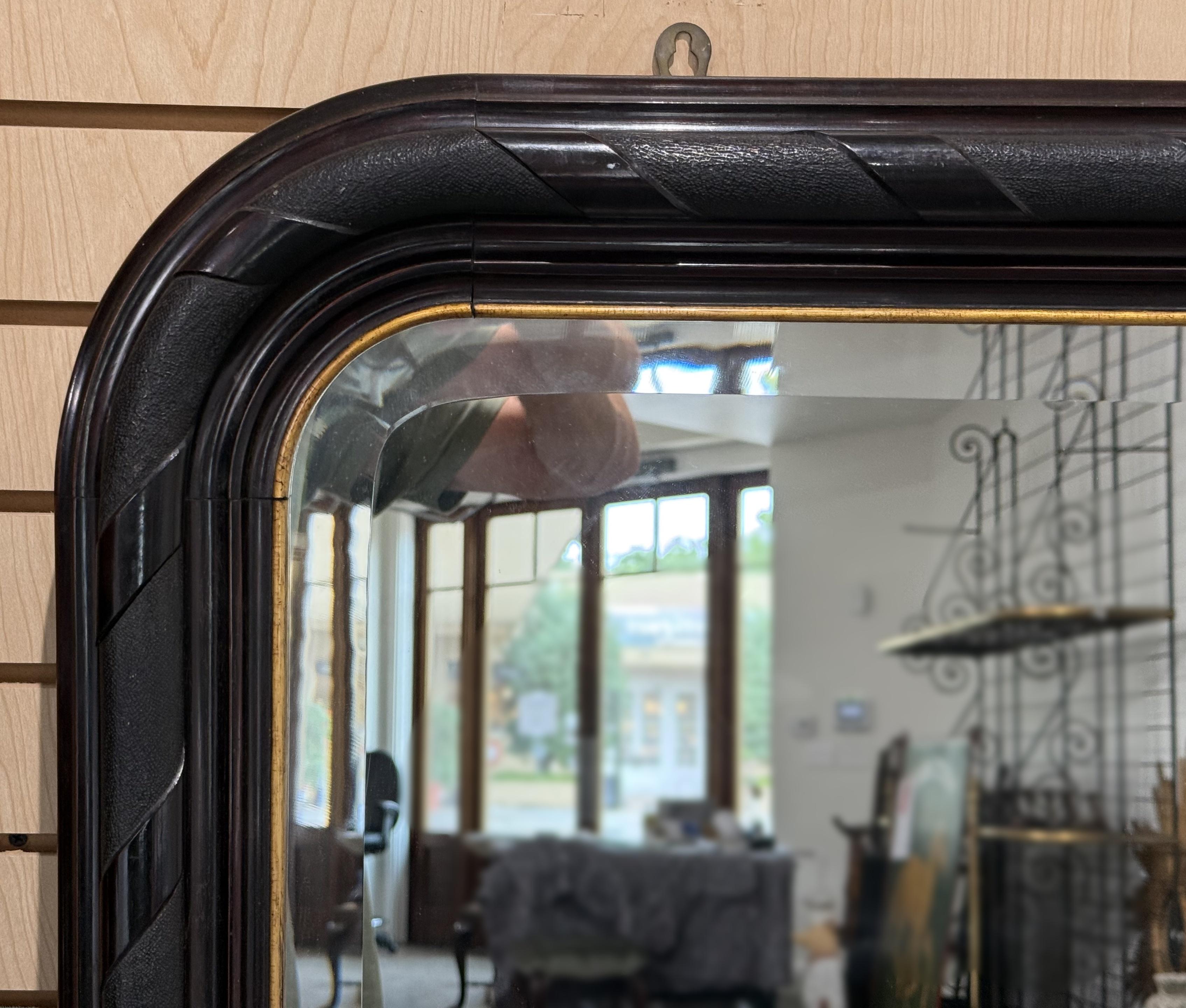 French Large Arch-Top Ebonized Beveled Wall or Hall Mirror (H 49 5/8 x W 64 1/4) For Sale
