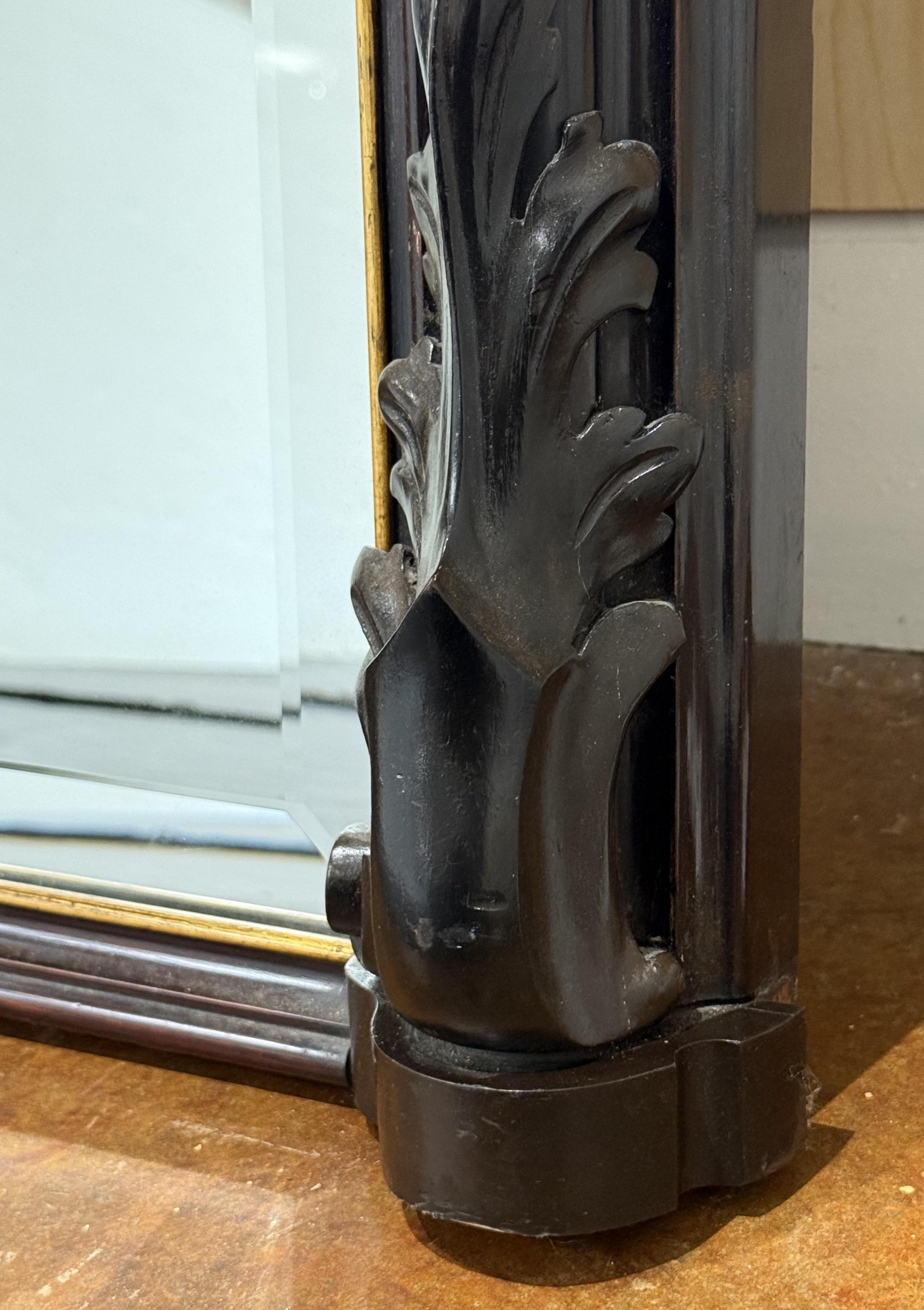 Carved Large Arch-Top Ebonized Beveled Wall or Hall Mirror (H 49 5/8 x W 64 1/4) For Sale