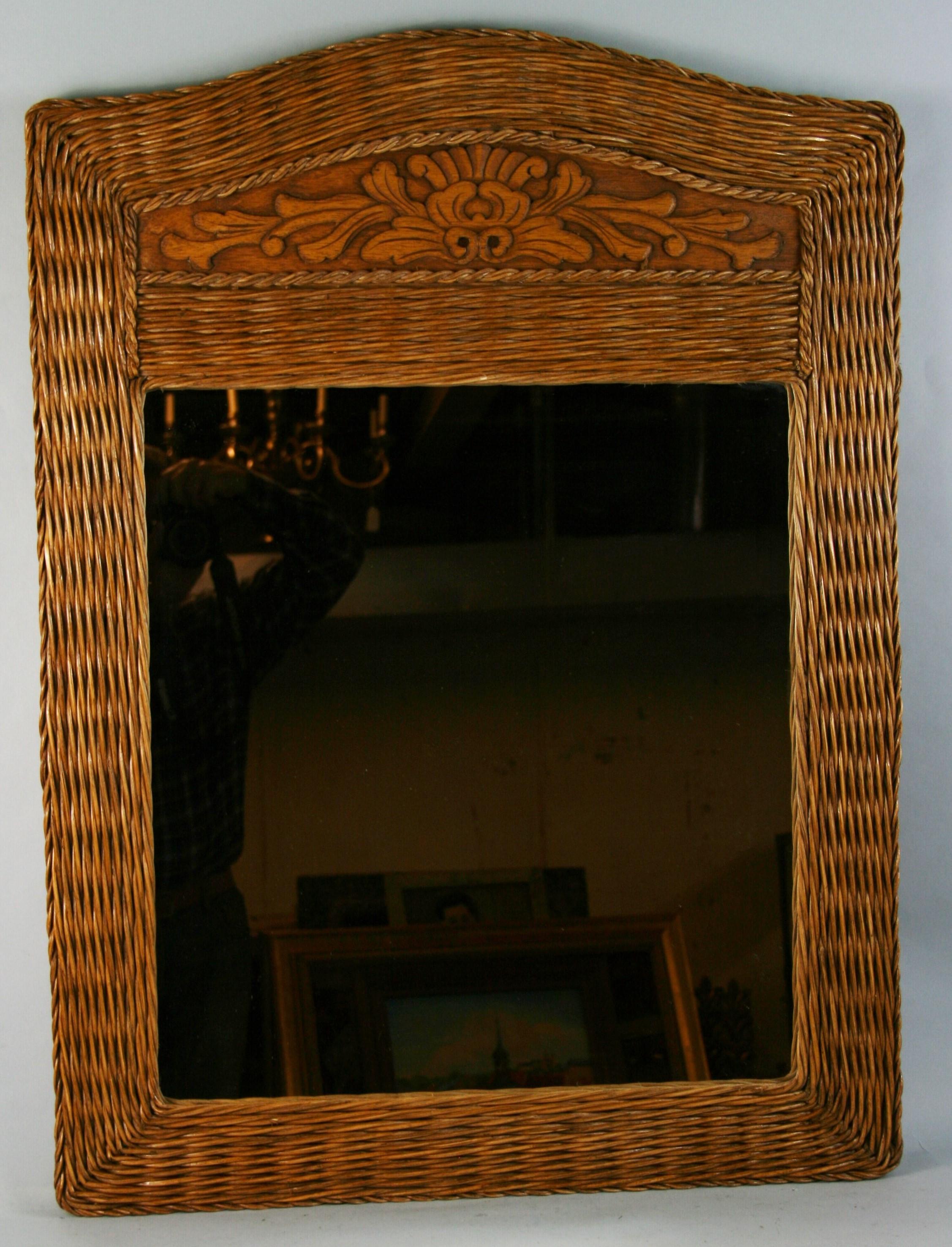 Large French Arch Top Rattan Mirror with Carved Insert In Good Condition For Sale In Douglas Manor, NY