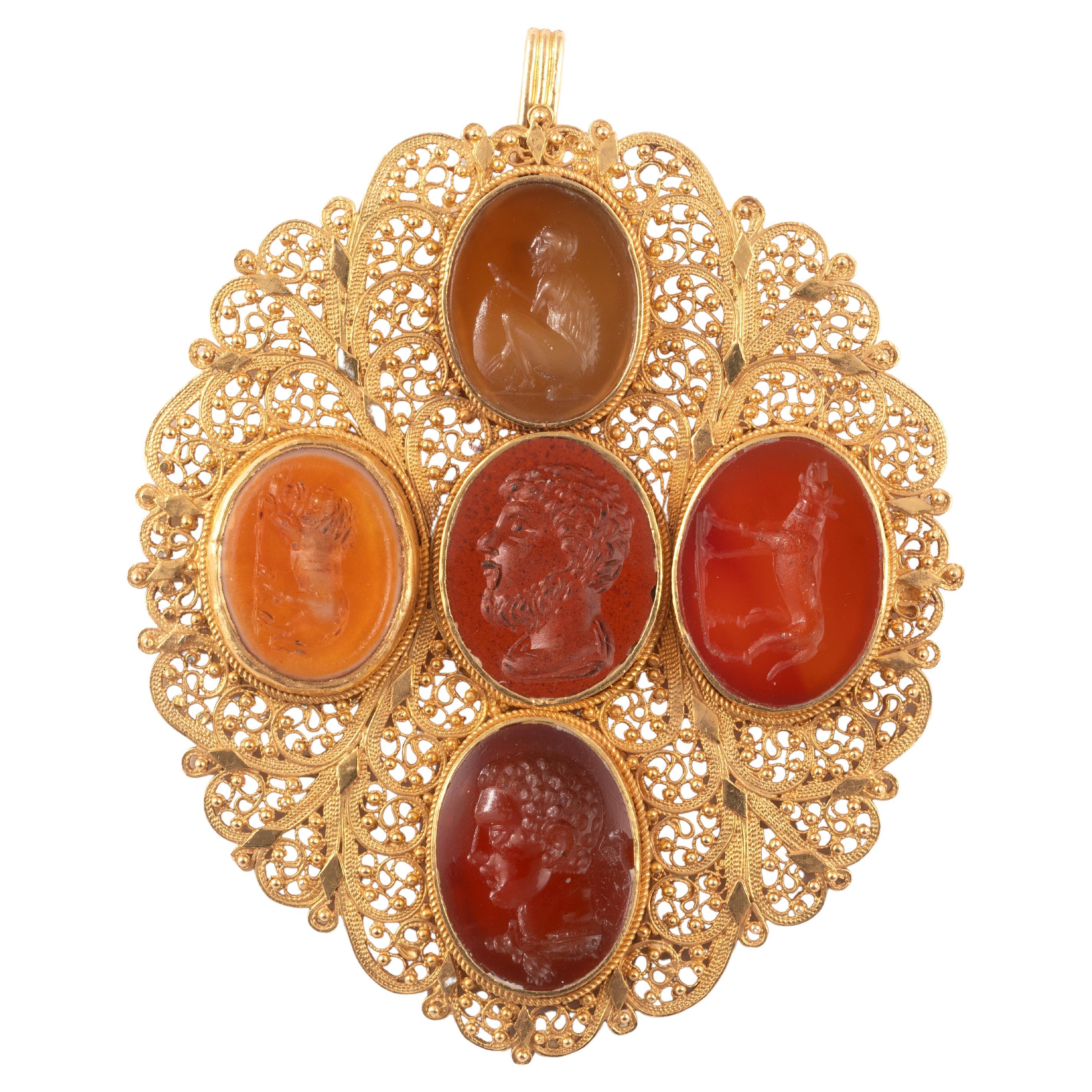 Etruscan Revival Large Archaeological-Revival Gold And Roman Intaglio Pendant Italy Circa 1870's For Sale