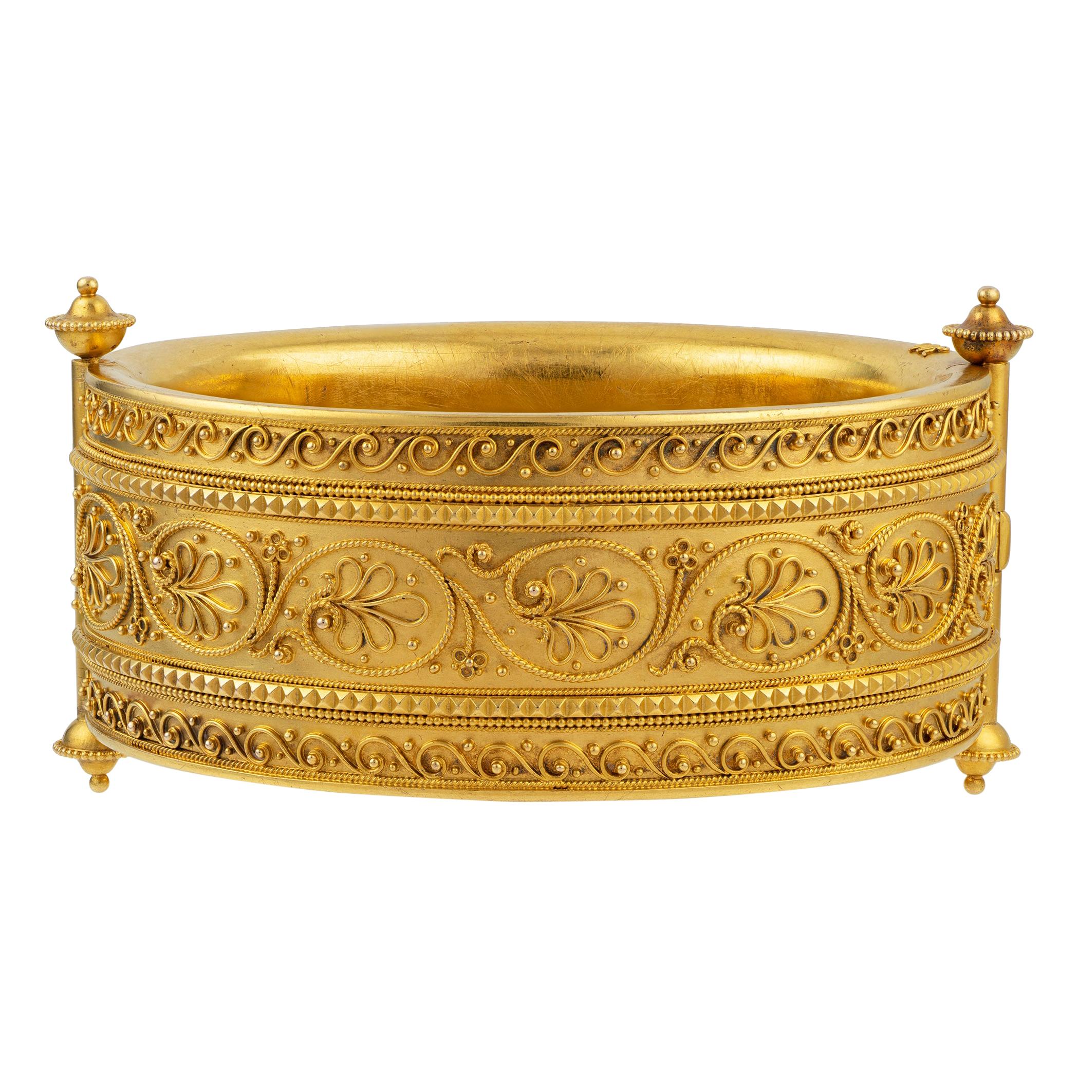 Large Archaeological Revival Gold Bangle For Sale
