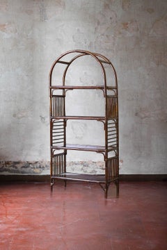 Large Arched Bookcase In Dark Rattan With Smoked Glass Shelves, 1980