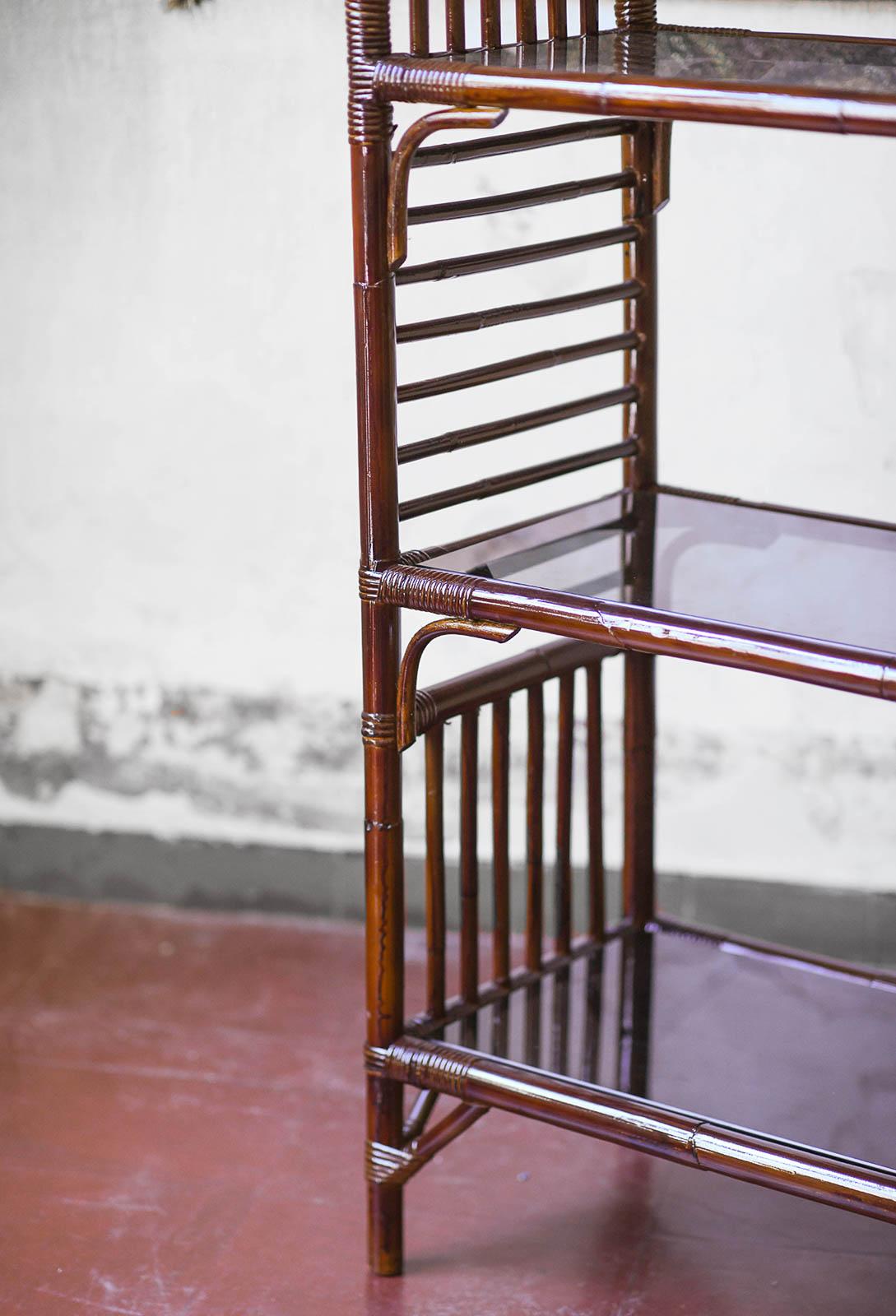 Late 20th Century Large Arched Bookcase In Dark Rattan With Smoked Glass Shelves, 1980