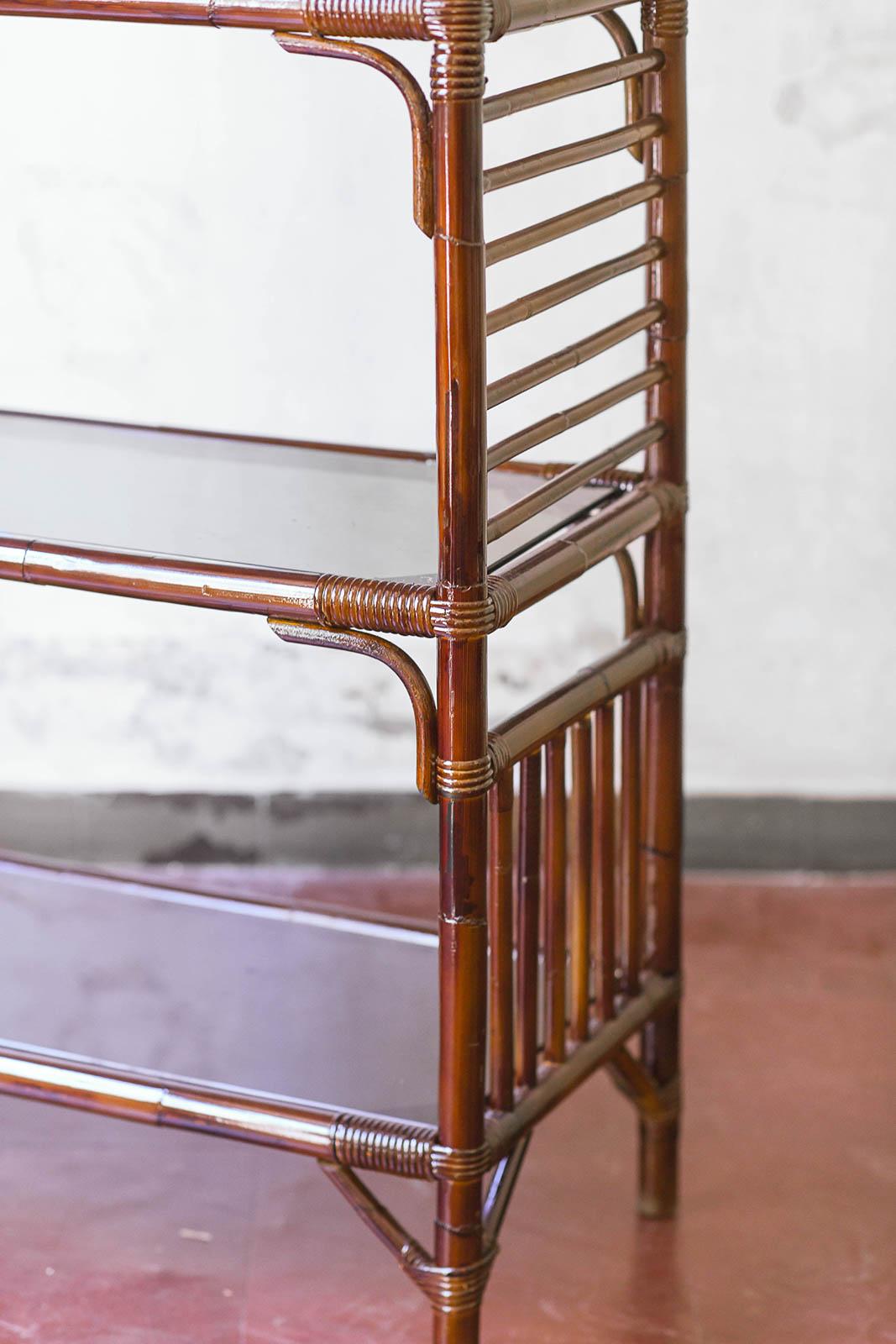 Large Arched Bookcase In Dark Rattan With Smoked Glass Shelves, 1980 1