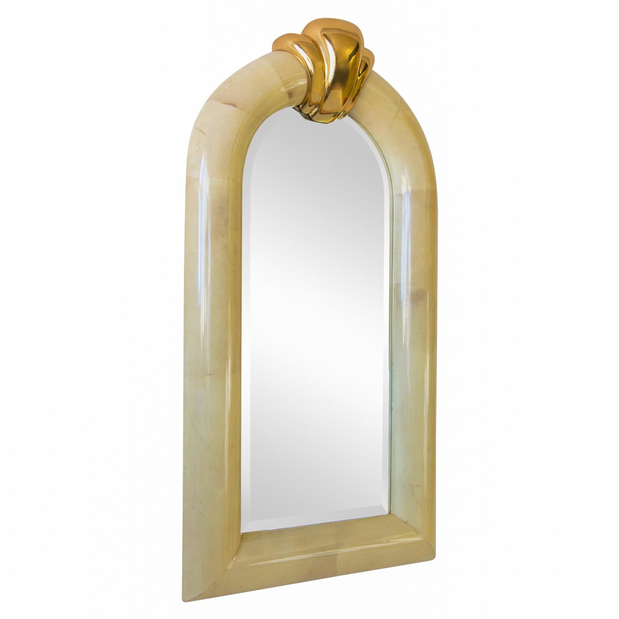 Large Arched Lacquered Goatskin and Brass Mirror 5