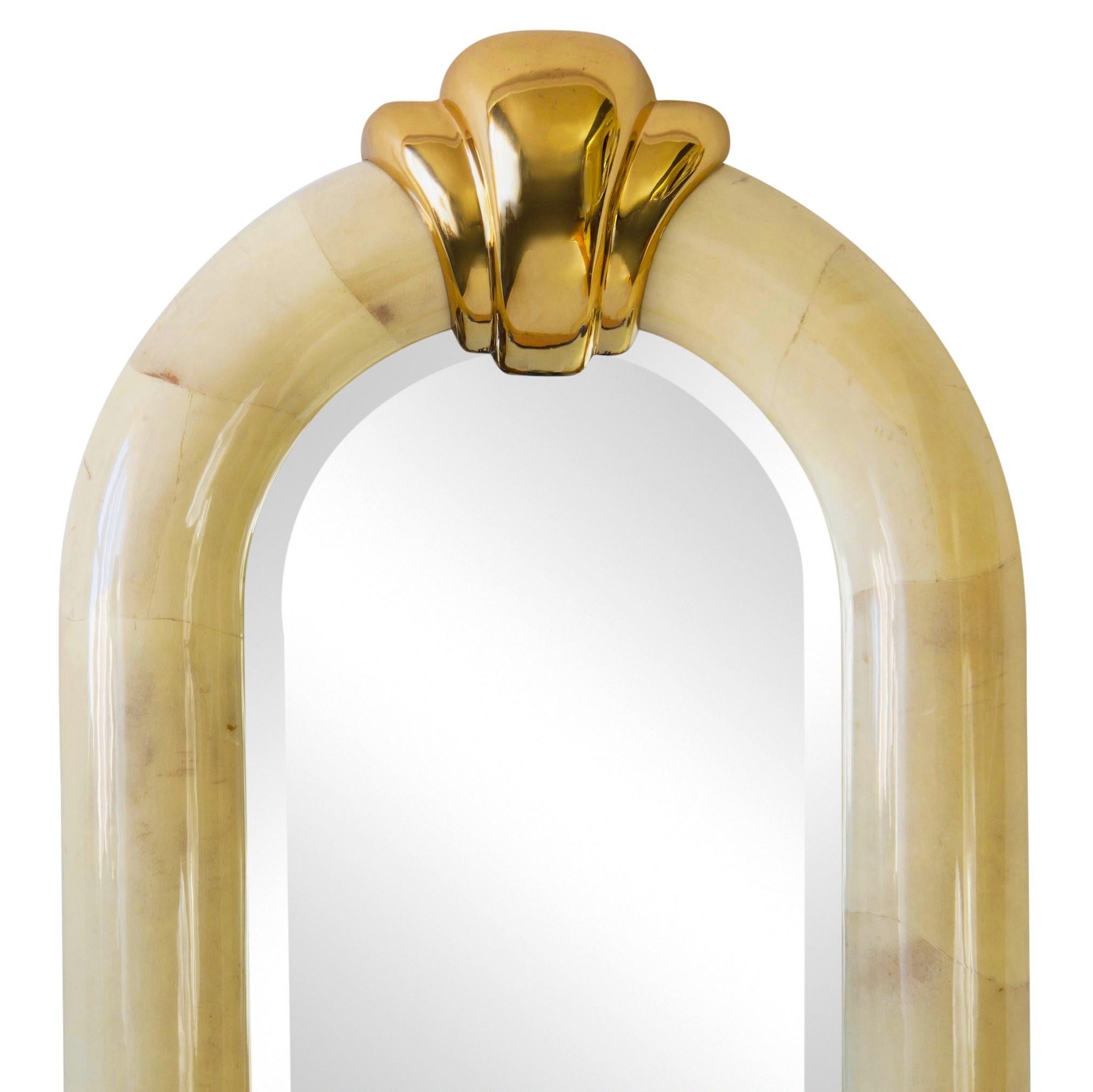 Mid-Century Modern Large Arched Lacquered Goatskin and Brass Mirror
