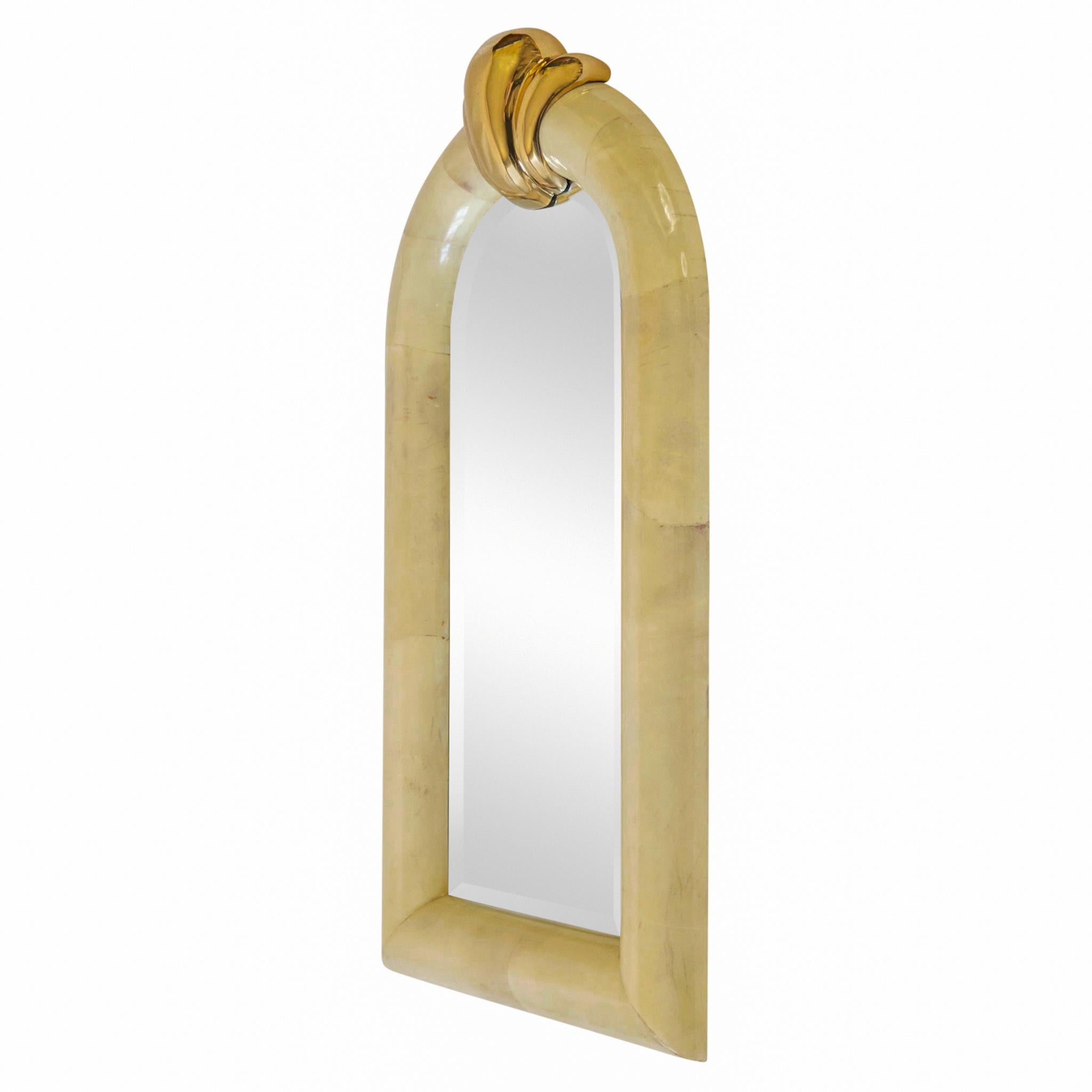 20th Century Large Arched Lacquered Goatskin and Brass Mirror