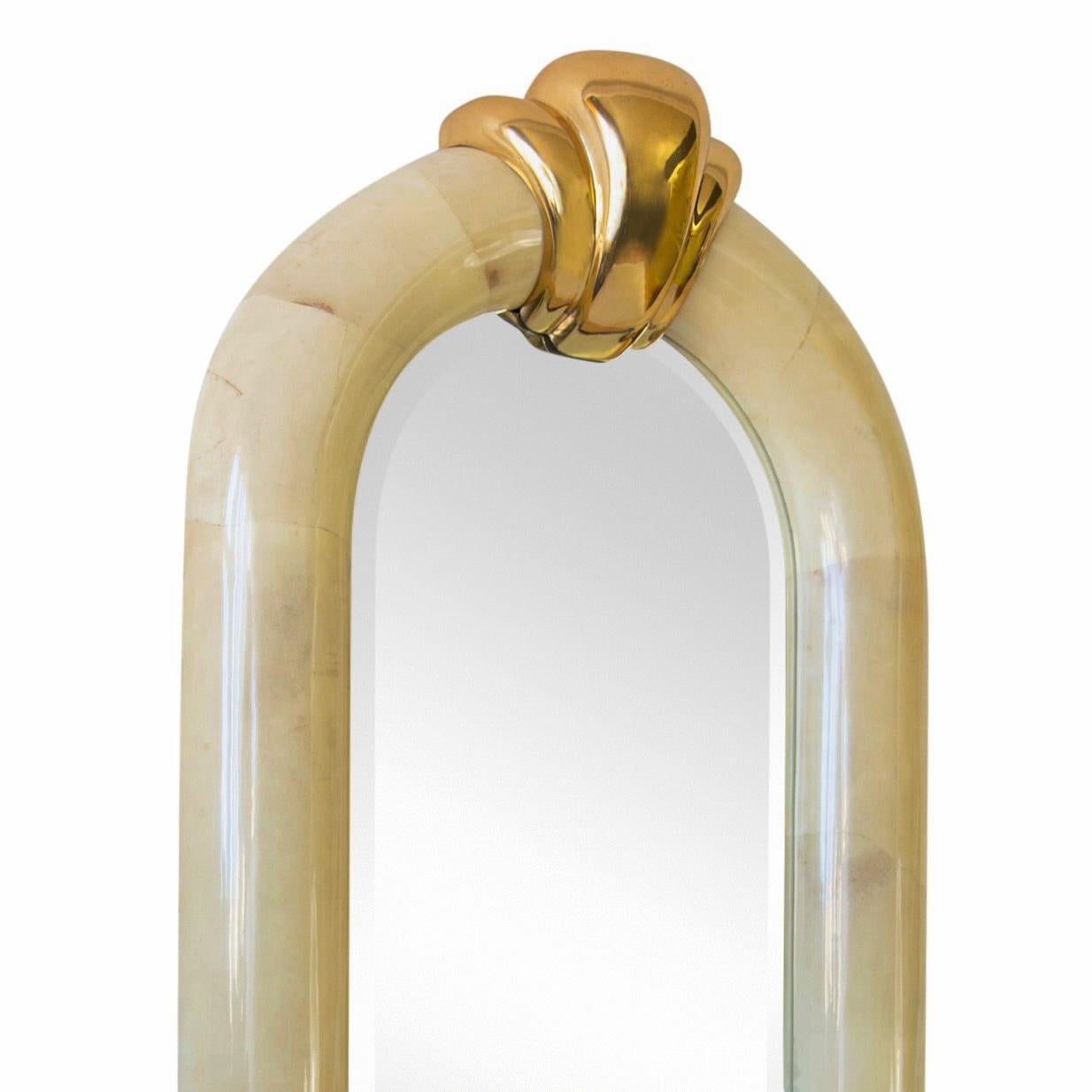 Large Arched Lacquered Goatskin and Brass Mirror 4