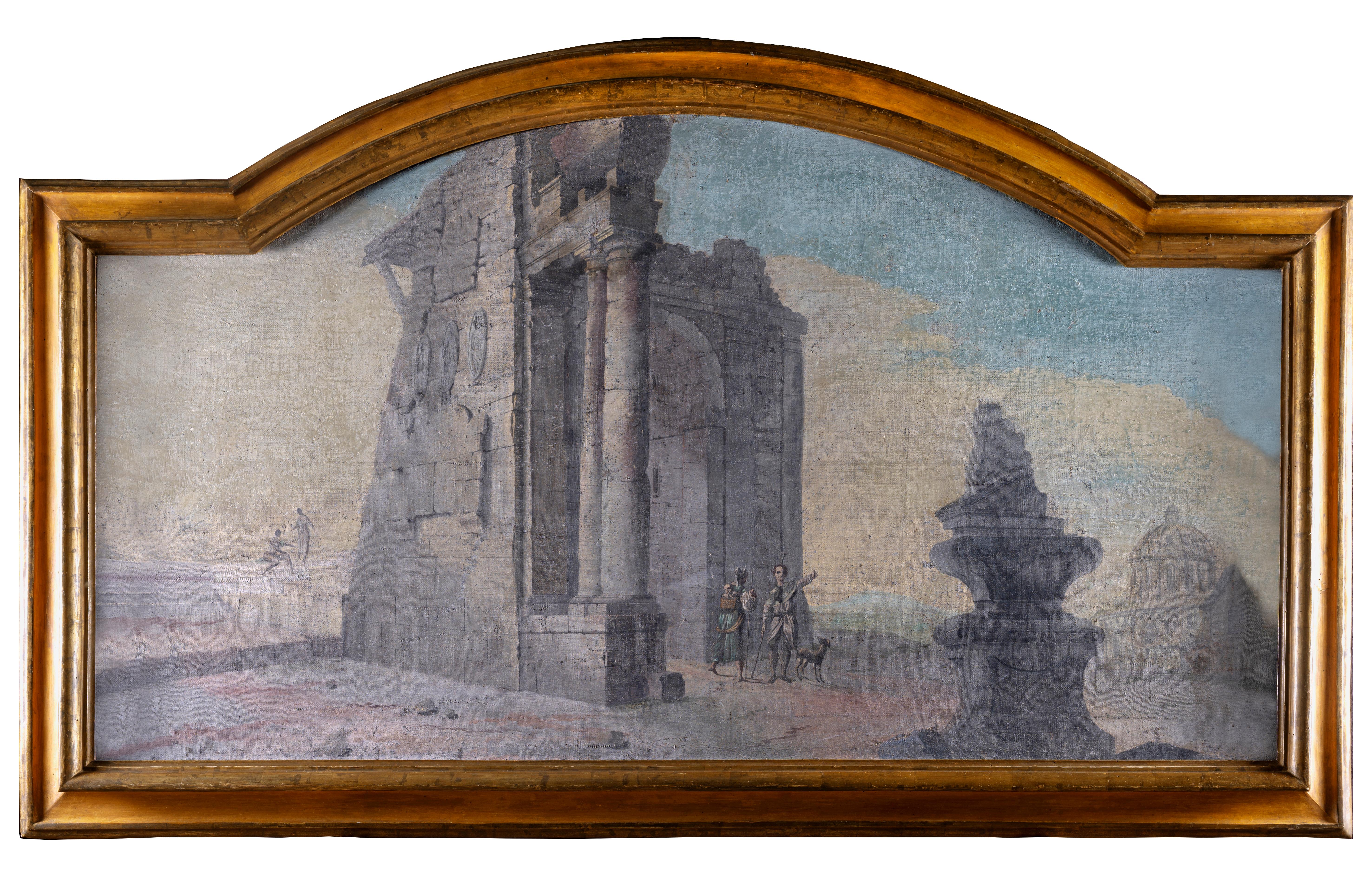 This large sized landscape is a mid-18th century Italian school arched capriccio with ruins and figures, painted in light blue and grey tones, originally an arched over door oil on canvas painting, relined and mounted on its original poplar
