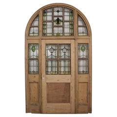 Antique Large Arched Stained Glass Front Door in Frame