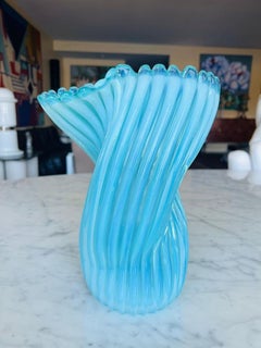 Large Archimede Seguso Murano glass "Opalino retorto" green vase circa 1950