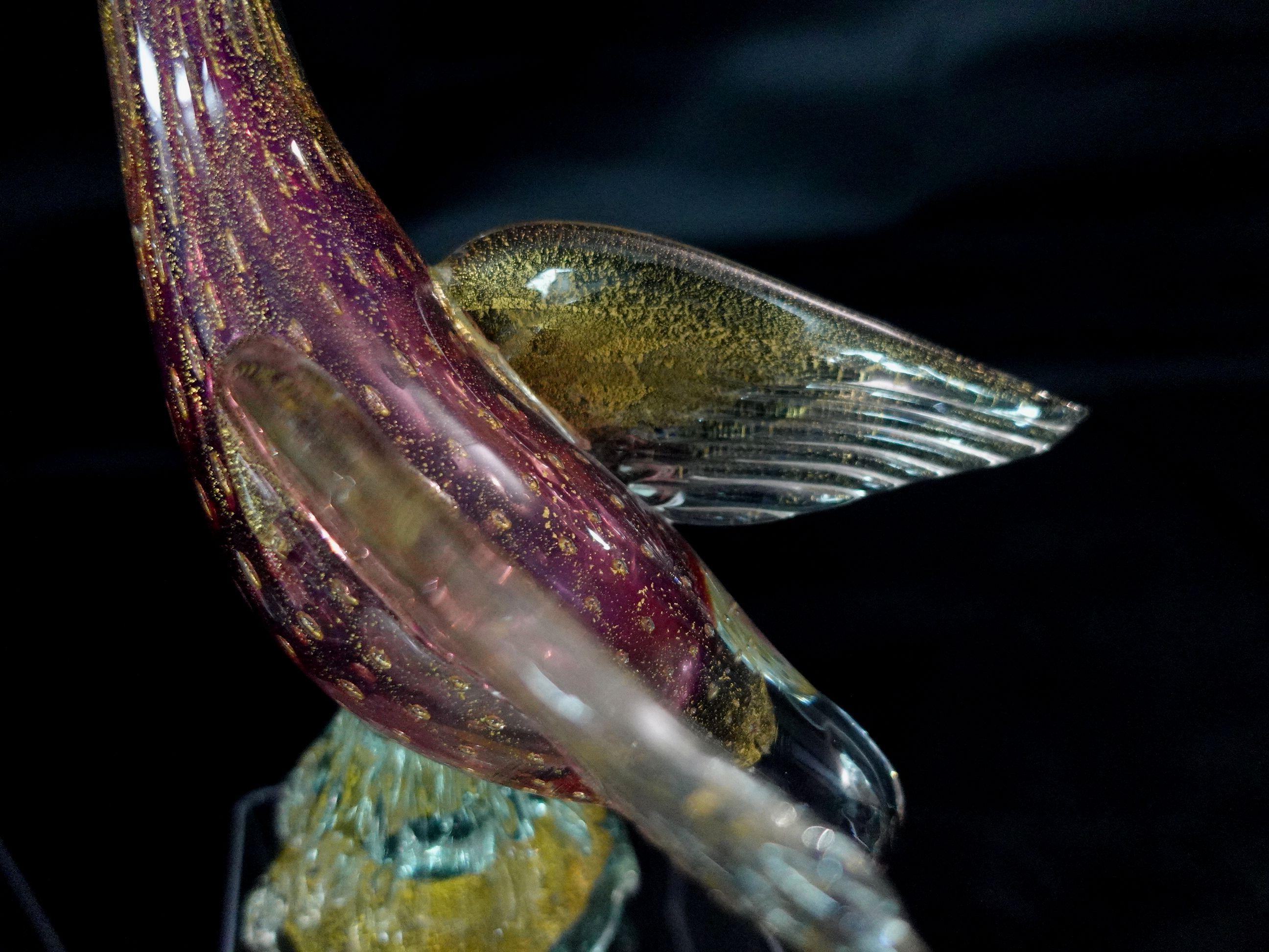 Large Archimede Seguso Murano Purple Gold Flecks Italian Art Glass Birds #R00007 For Sale 6