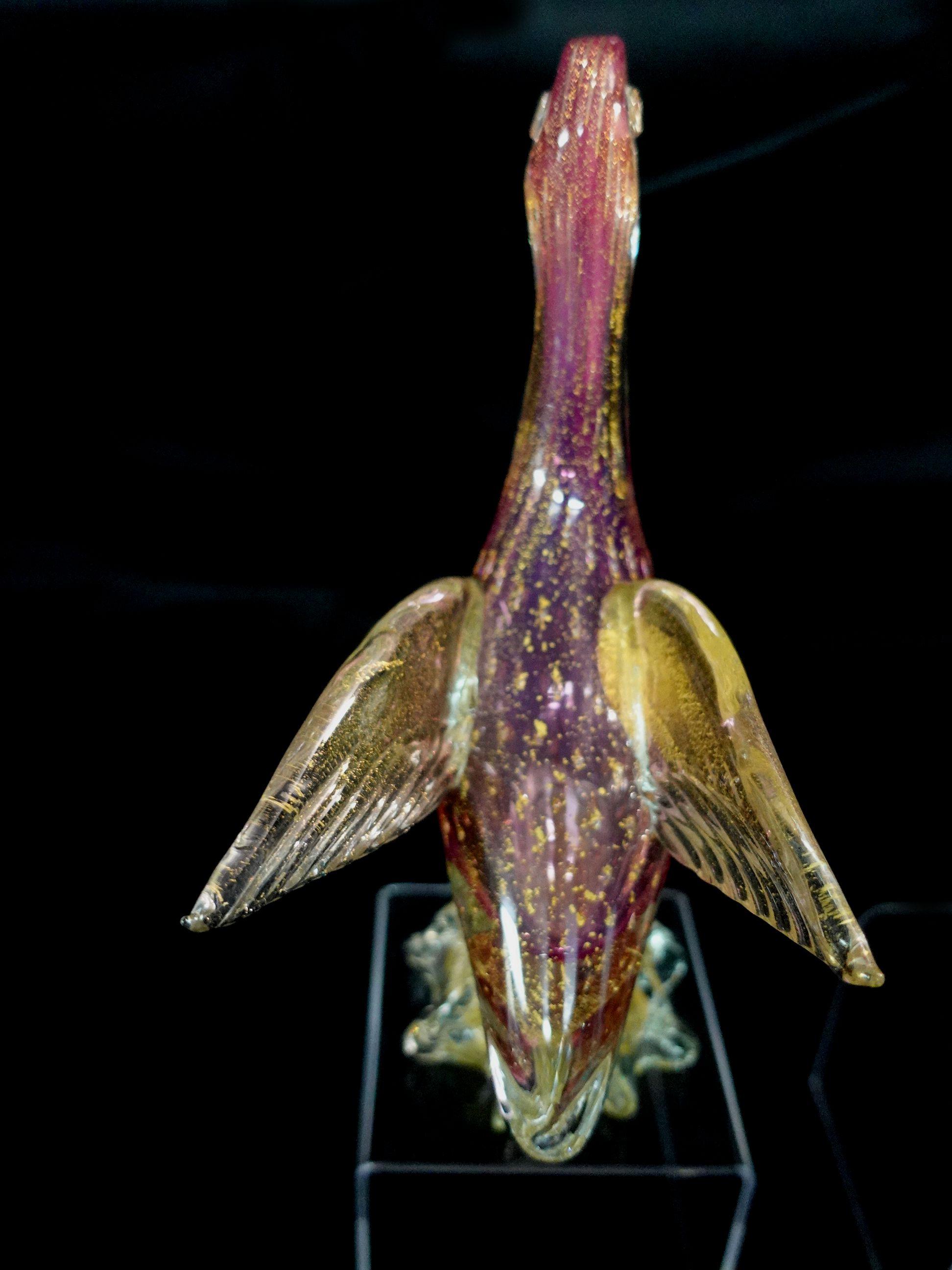 Large Archimede Seguso Murano Purple Gold Flecks Italian Art Glass Birds #R00007 For Sale 8