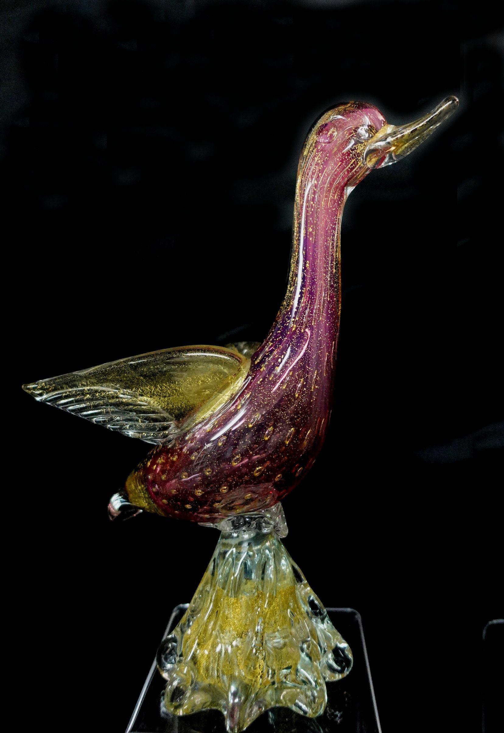 Large Archimede Seguso Murano Purple Gold Flecks Italian Art Glass Birds #R00007 For Sale 1