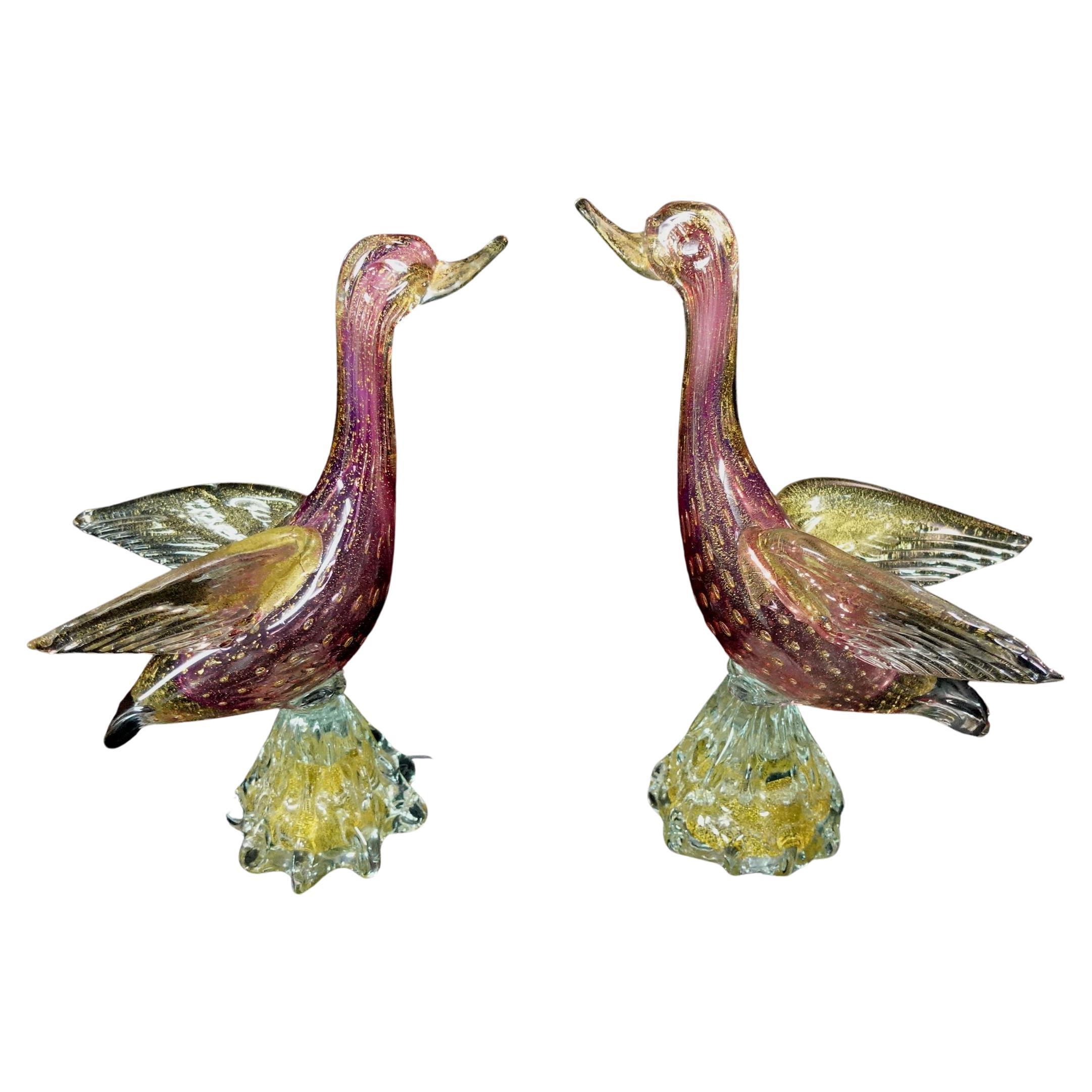 Large Archimede Seguso Murano Purple Gold Flecks Italian Art Glass Birds #R00007 For Sale