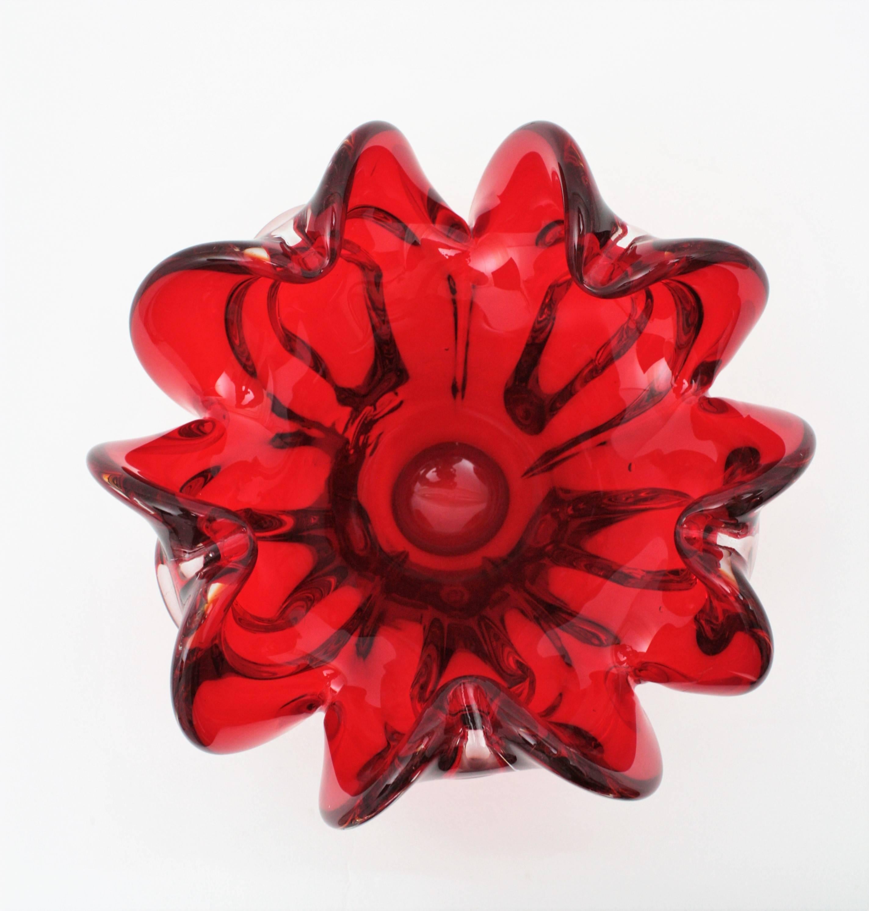 Italian Large Archimede Seguso Murano Ruby Red Sommerso Art Glass Centerpiece Bowl