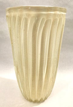 Large Archimede Seguso Ribbed Murano Art Glass Vase with Gold Foil