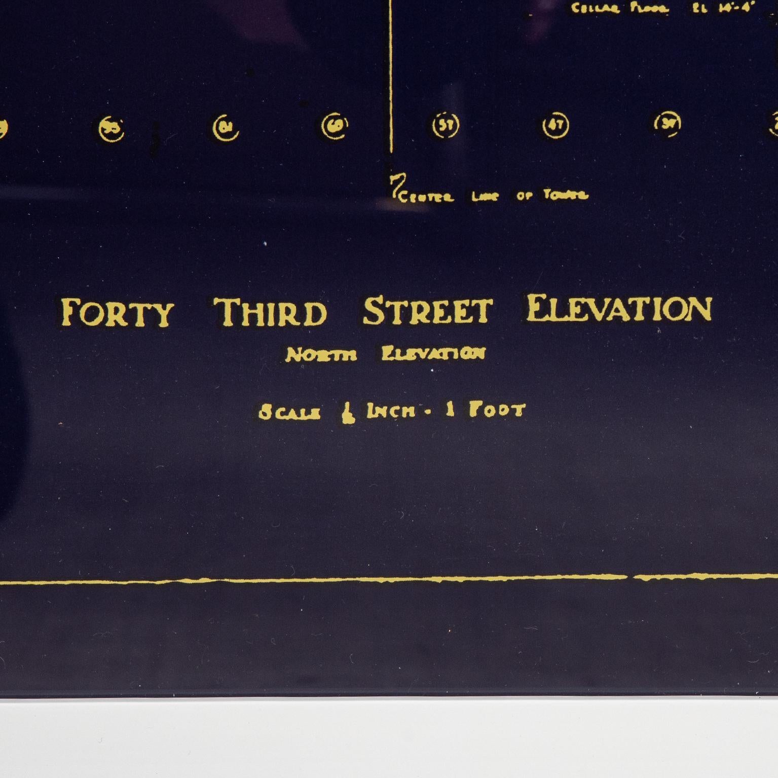 This unique larger reproduction in a deep aubergine hue background with gold details and lettering, depicts an early rendering of the Chrysler Building in New York City, from the forty third street elevation north and rear perspectives. The image