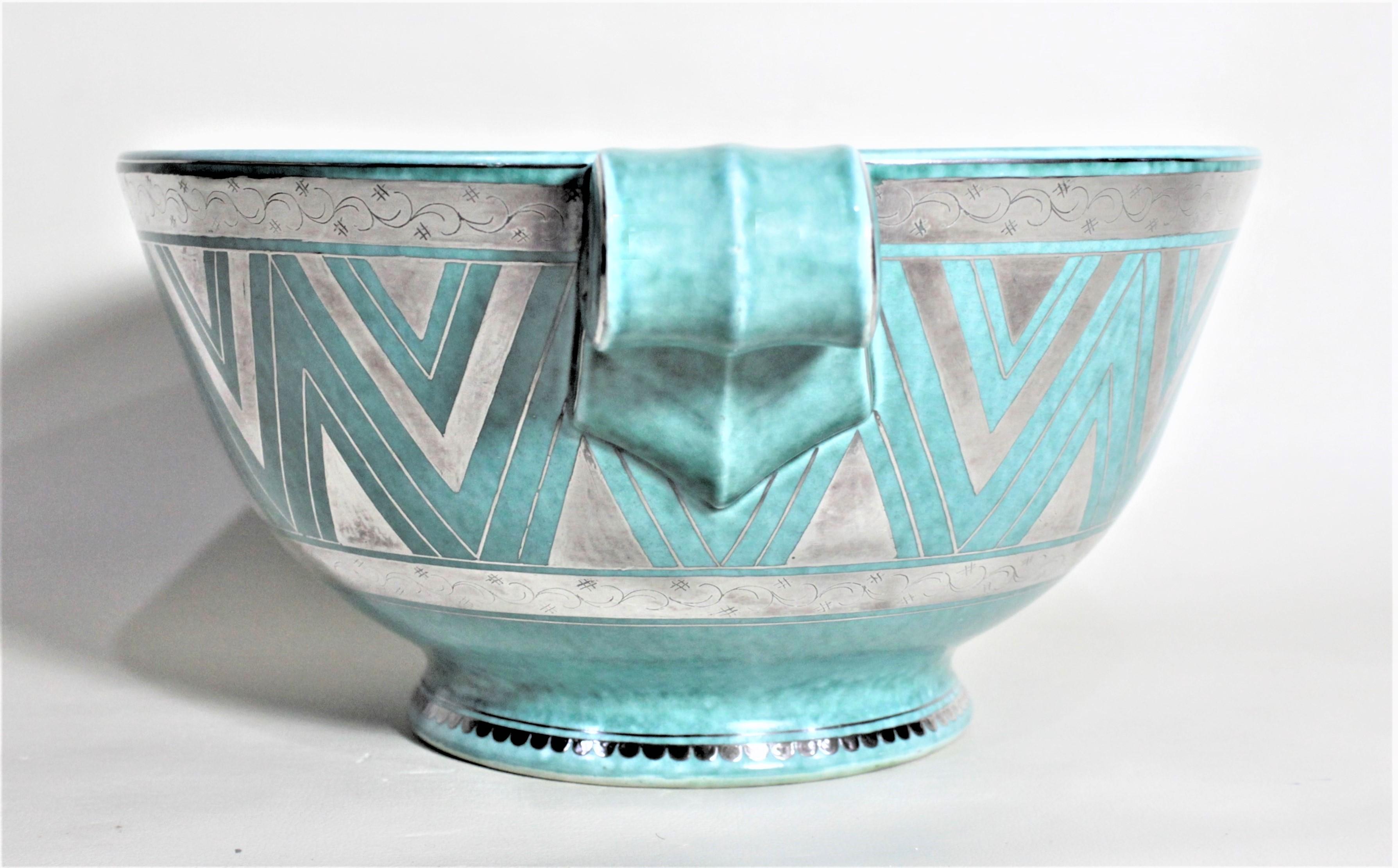 Swedish Large Argenta W. Kage for Gustavsberg Art Deco Pottery Bowl with Applied Silver For Sale