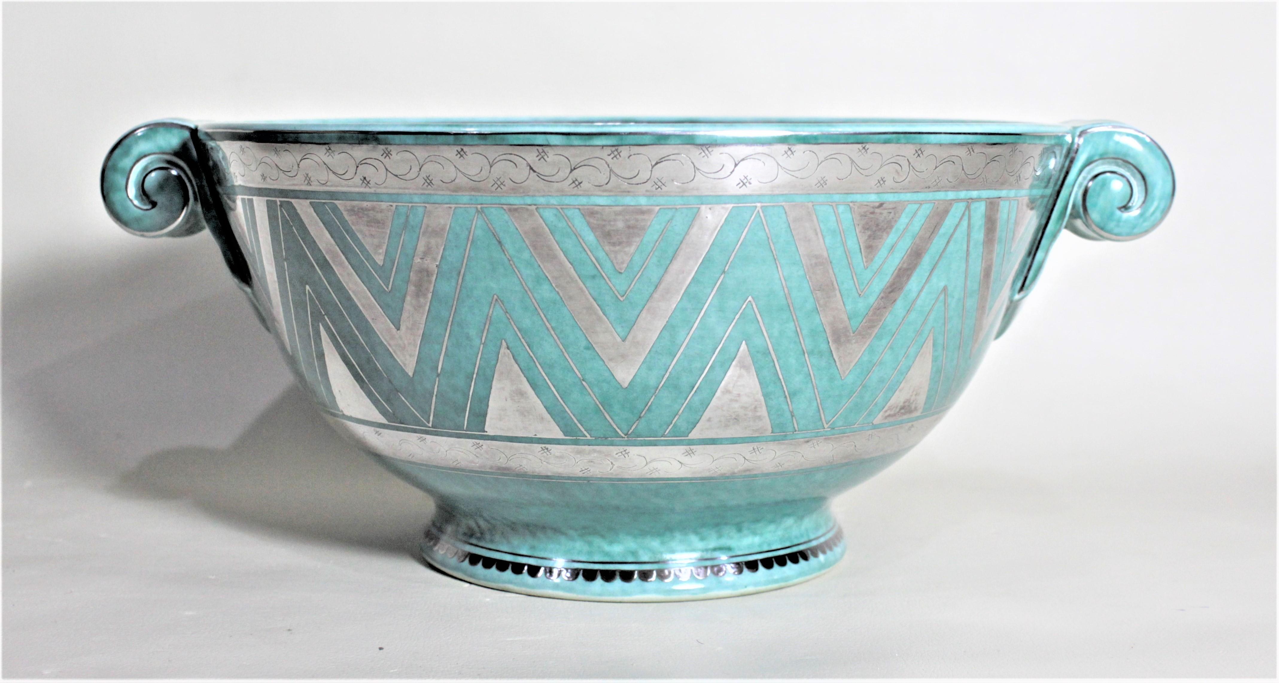 Hand-Crafted Large Argenta W. Kage for Gustavsberg Art Deco Pottery Bowl with Applied Silver For Sale