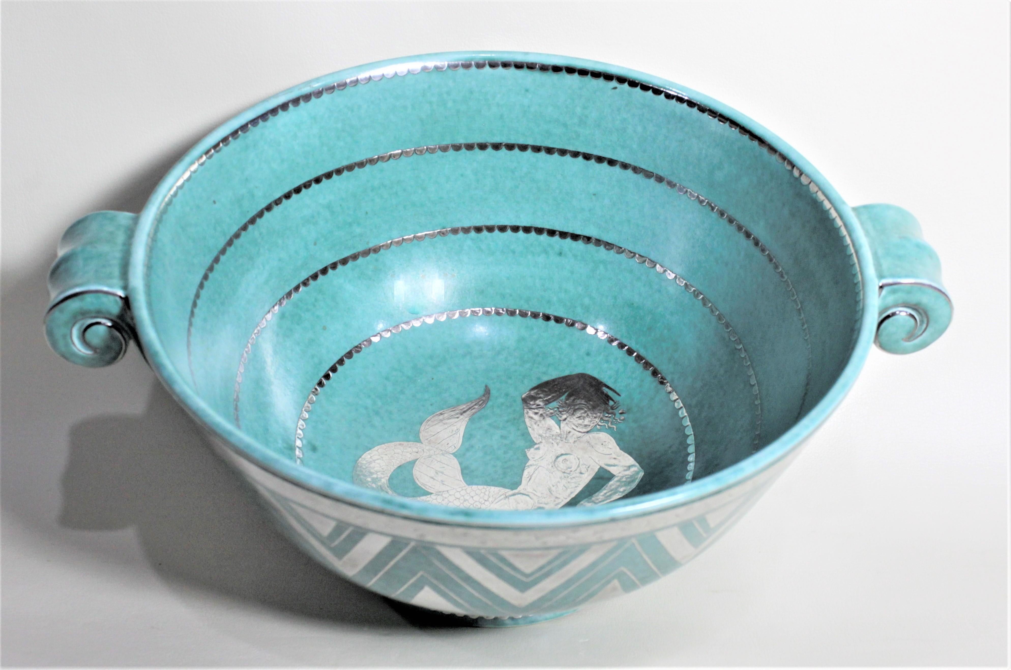Large Argenta W. Kage for Gustavsberg Art Deco Pottery Bowl with Applied Silver In Fair Condition For Sale In Hamilton, Ontario